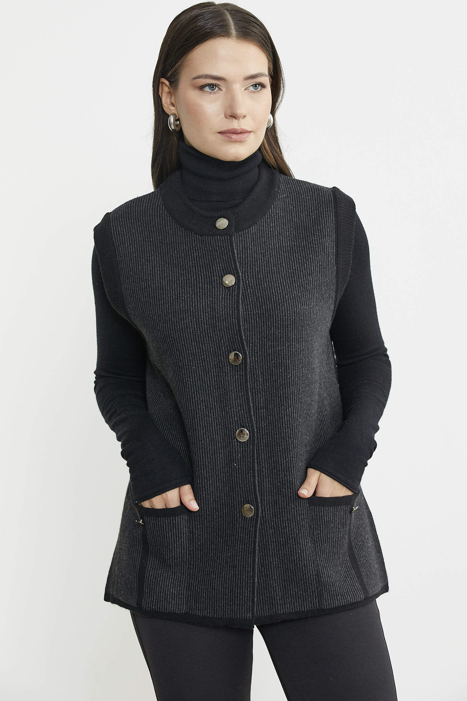 Fitilli Çift Renk Yünlü Triko Yelek - Siyah - Sementa