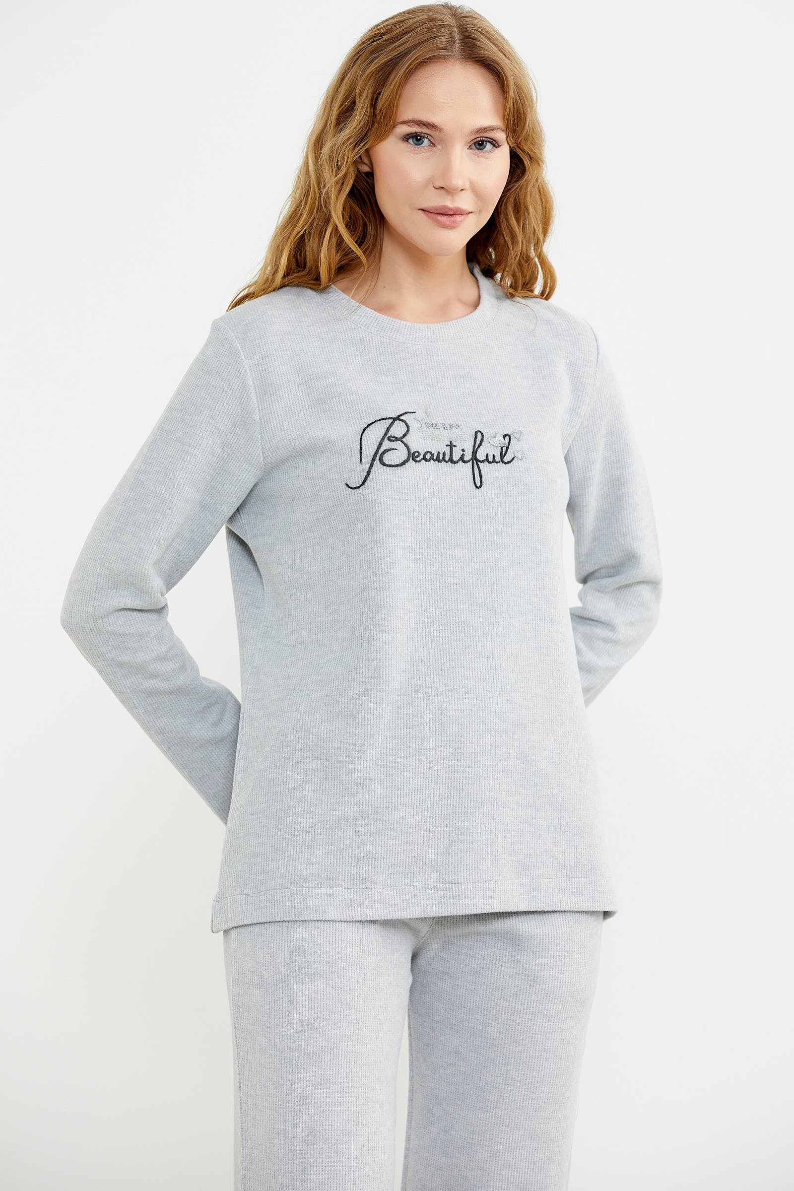 Fitilli Kalın Sıfır Yaka Pijama Takım - Gri - Sementa