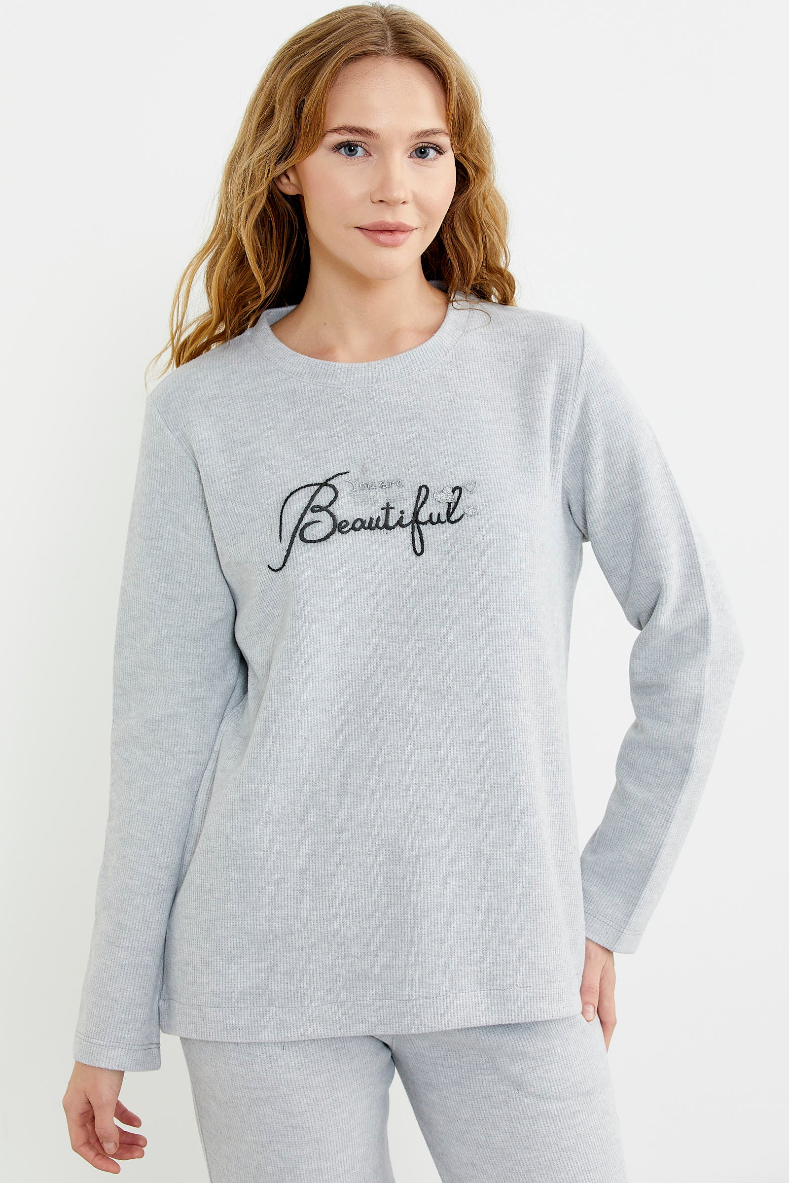 Fitilli Kalın Sıfır Yaka Pijama Takım - Gri - Sementa