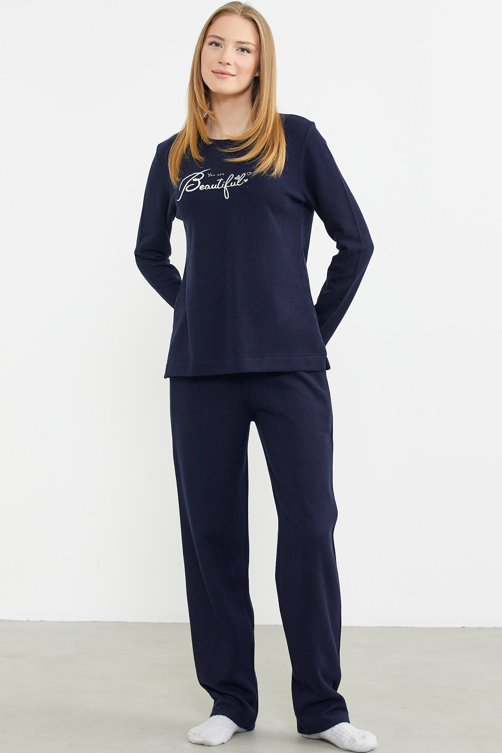 Fitilli Kalın Sıfır Yaka Pijama Takım - Lacivert - Sementa