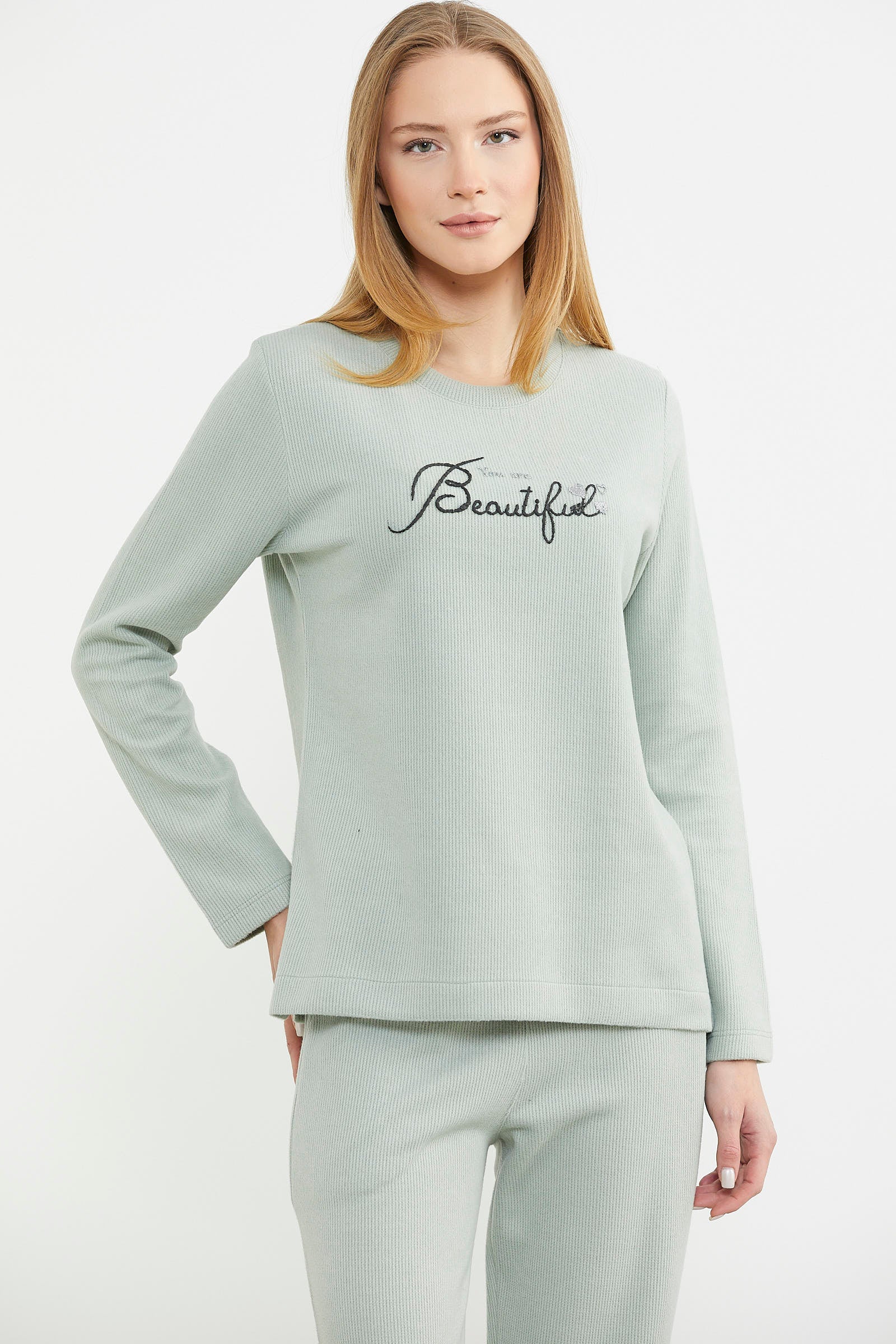 Fitilli Kalın Sıfır Yaka Pijama Takım - Yeşil - Sementa