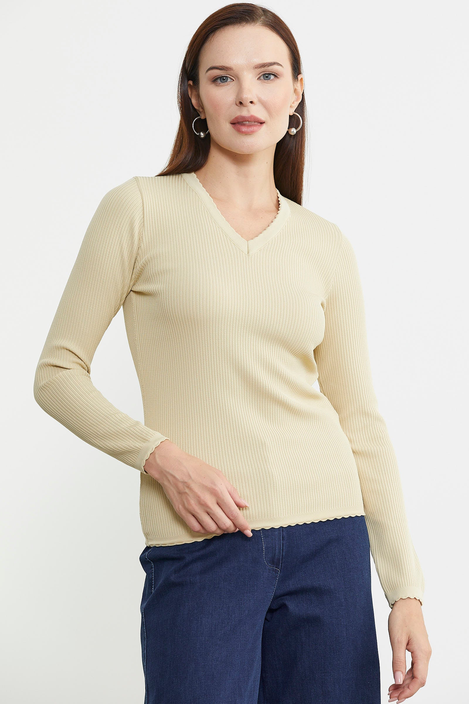 Fitilli V Yaka Basic Triko Kazak - Krem - Sementa