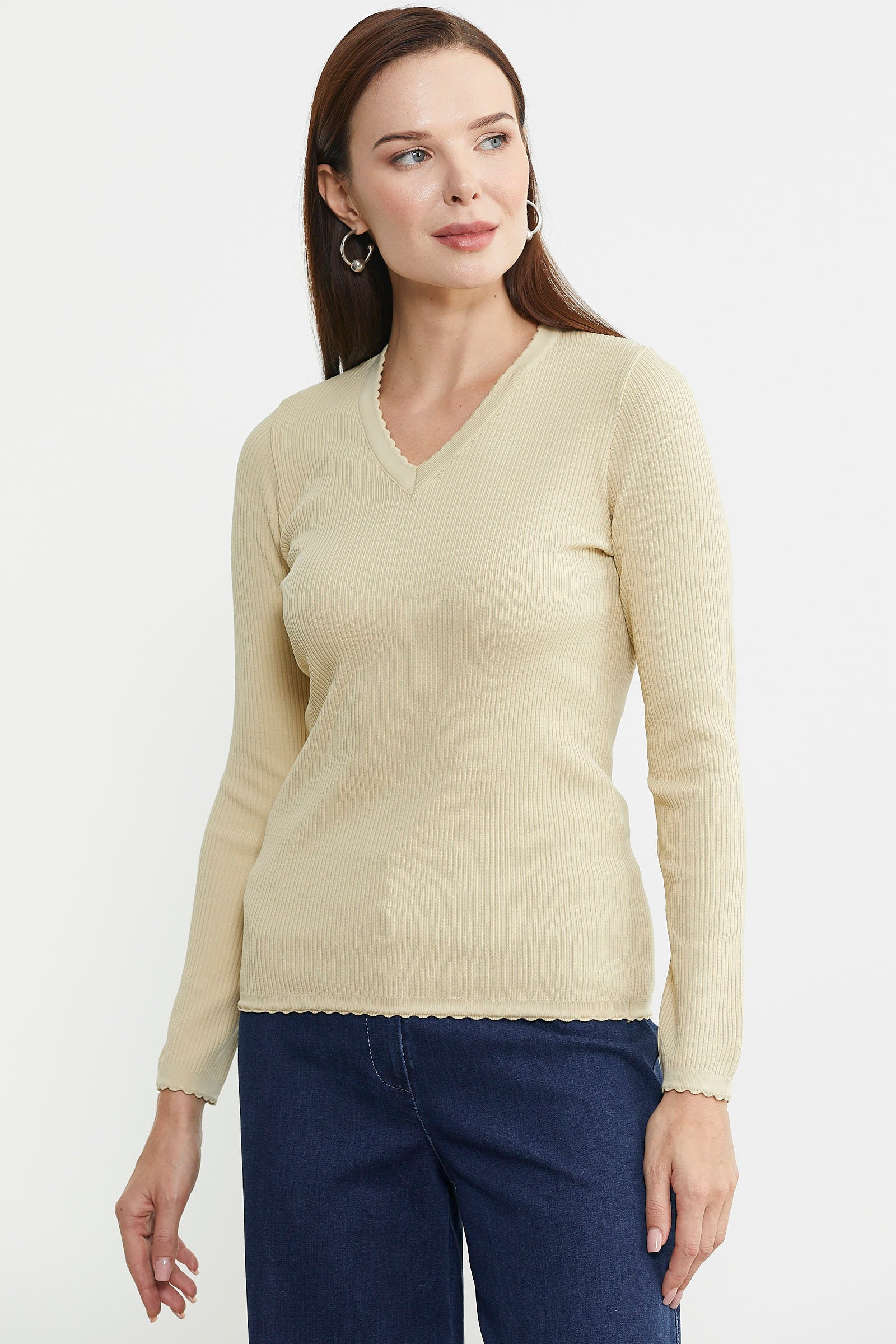 Fitilli V Yaka Basic Triko Kazak - Krem - Sementa