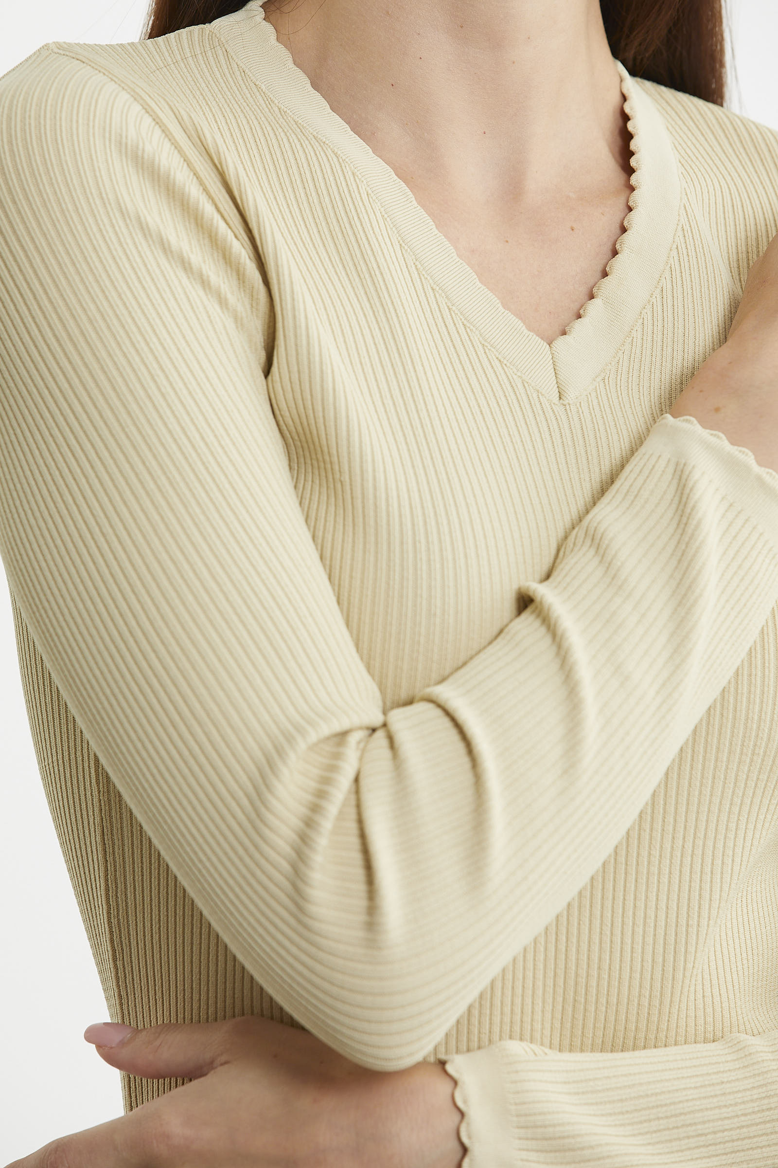 Fitilli V Yaka Basic Triko Kazak - Krem - Sementa