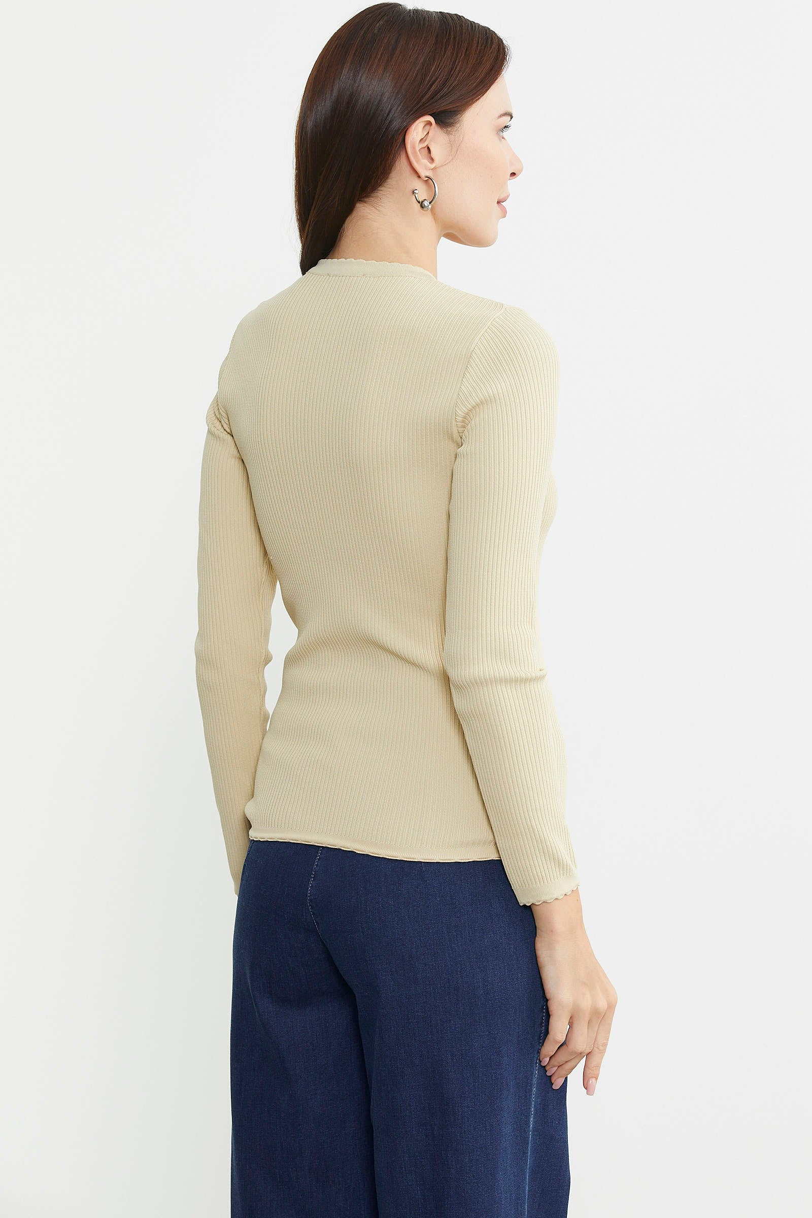 Fitilli V Yaka Basic Triko Kazak - Krem - Sementa