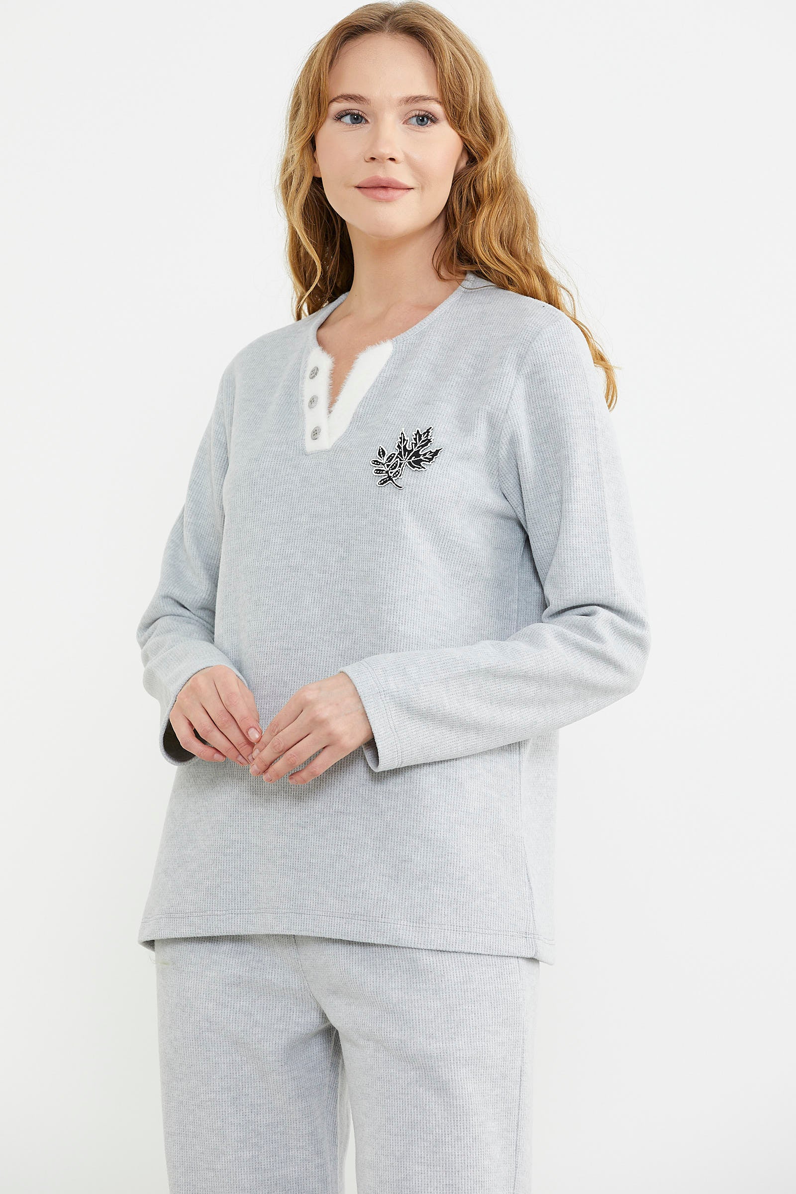 Fitilli Yaka Detaylı Pijama Takım - Gri - Sementa