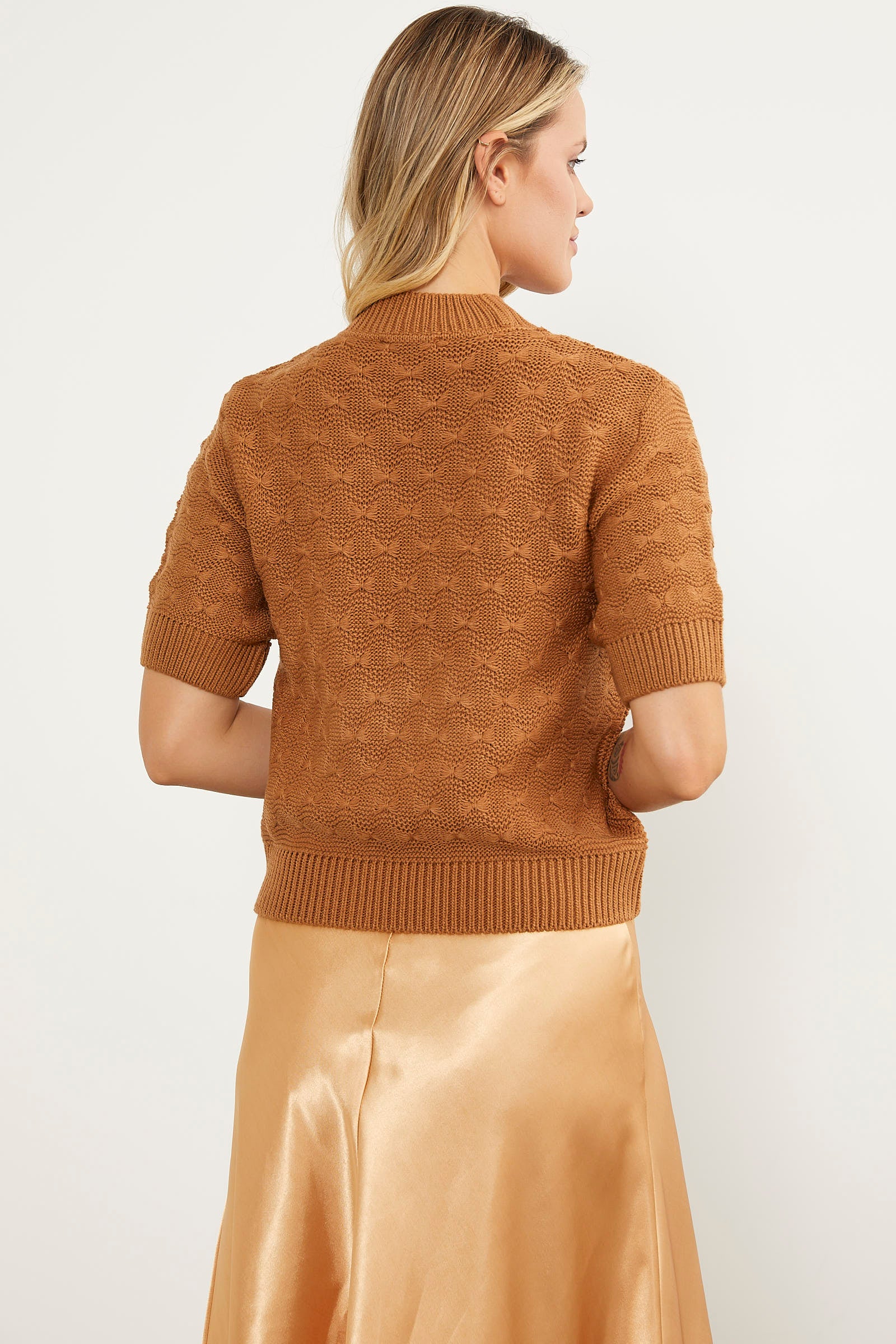 Fiyonk Desenli Kısa Kol Triko Süveter - Kamel (6) Sementa