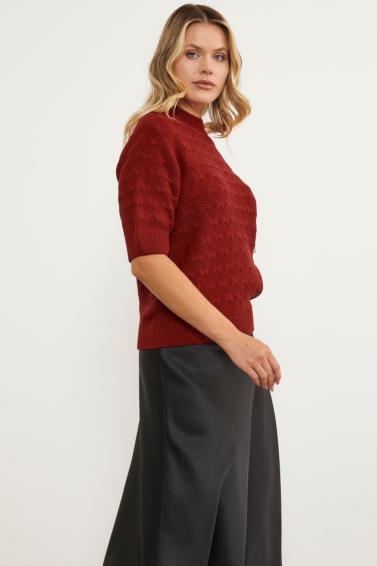 Fiyonk Desenli Kısa Kol Triko Süveter - Kırmızı (3) Sementa