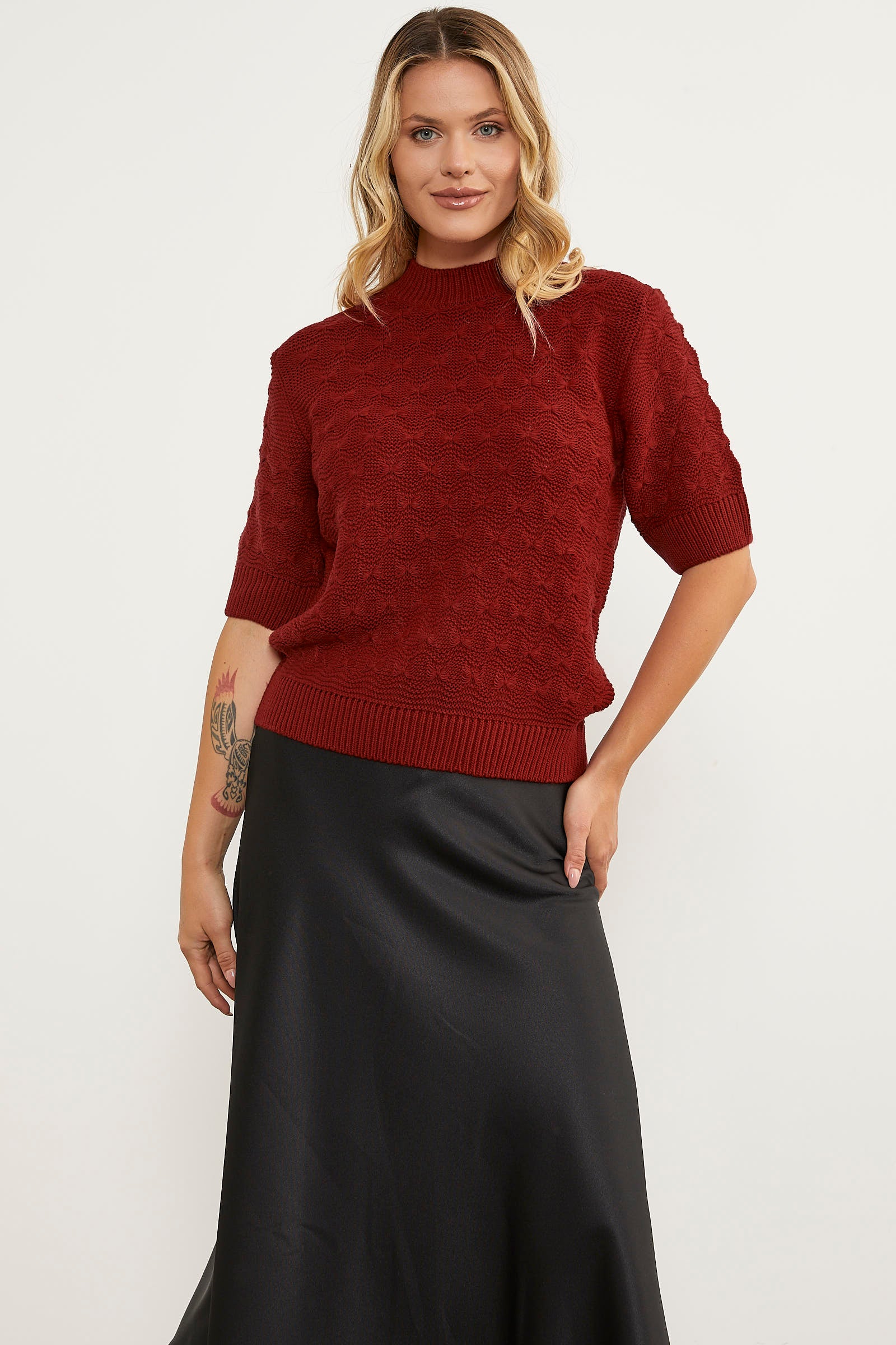 Fiyonk Desenli Kısa Kol Triko Süveter - Kırmızı (2) Sementa