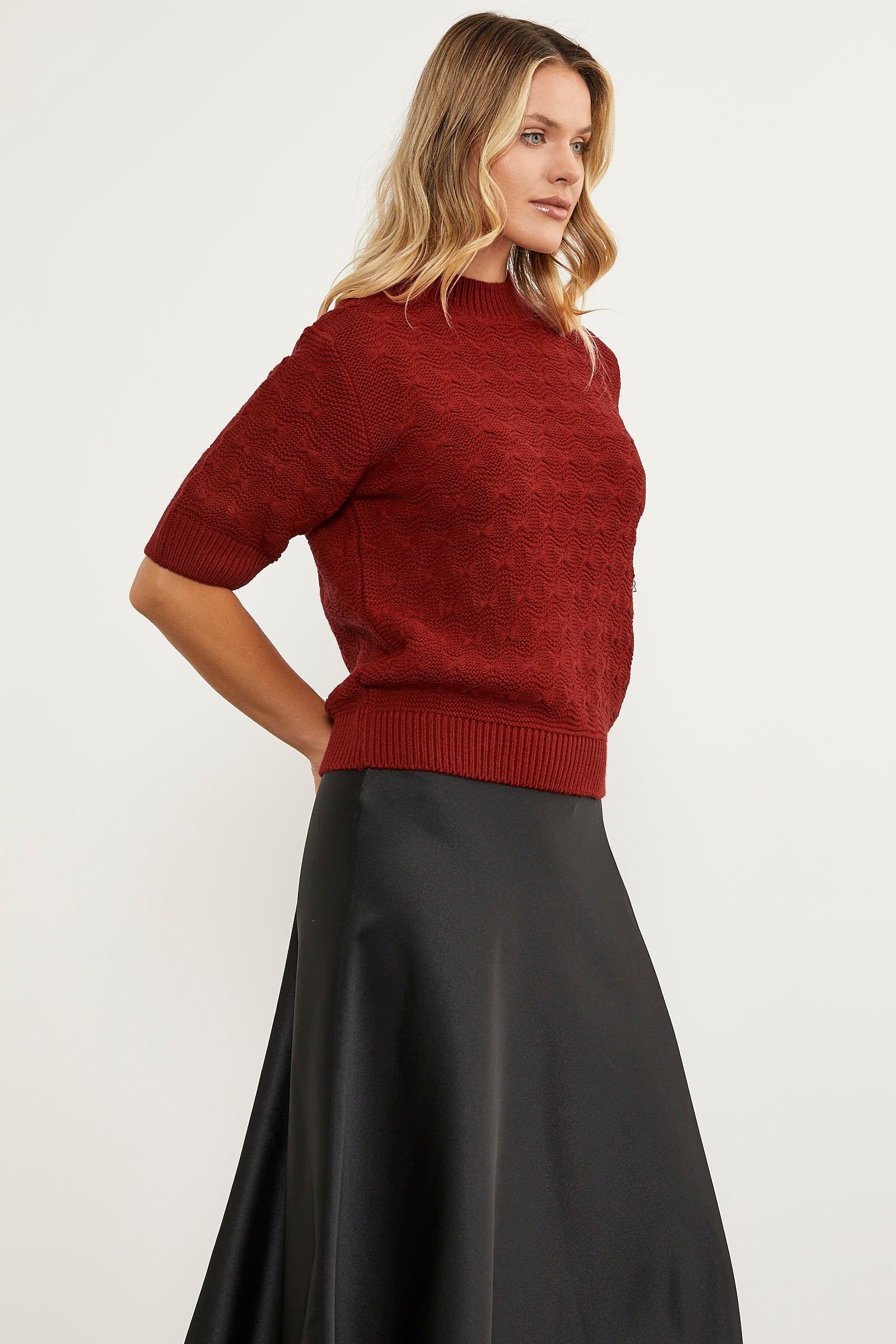 Fiyonk Desenli Kısa Kol Triko Süveter - Kırmızı (4) Sementa