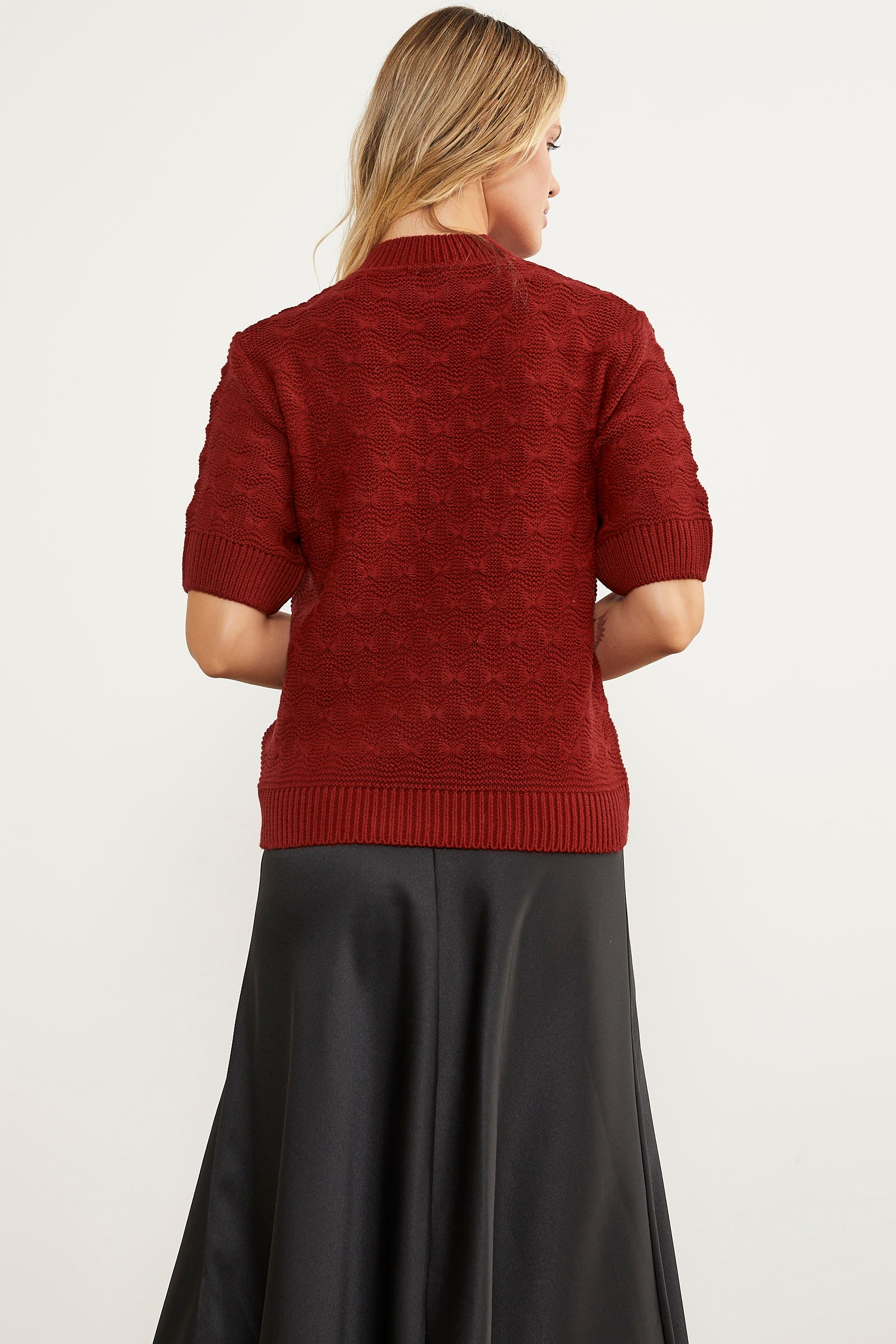 Fiyonk Desenli Kısa Kol Triko Süveter - Kırmızı (5) Sementa