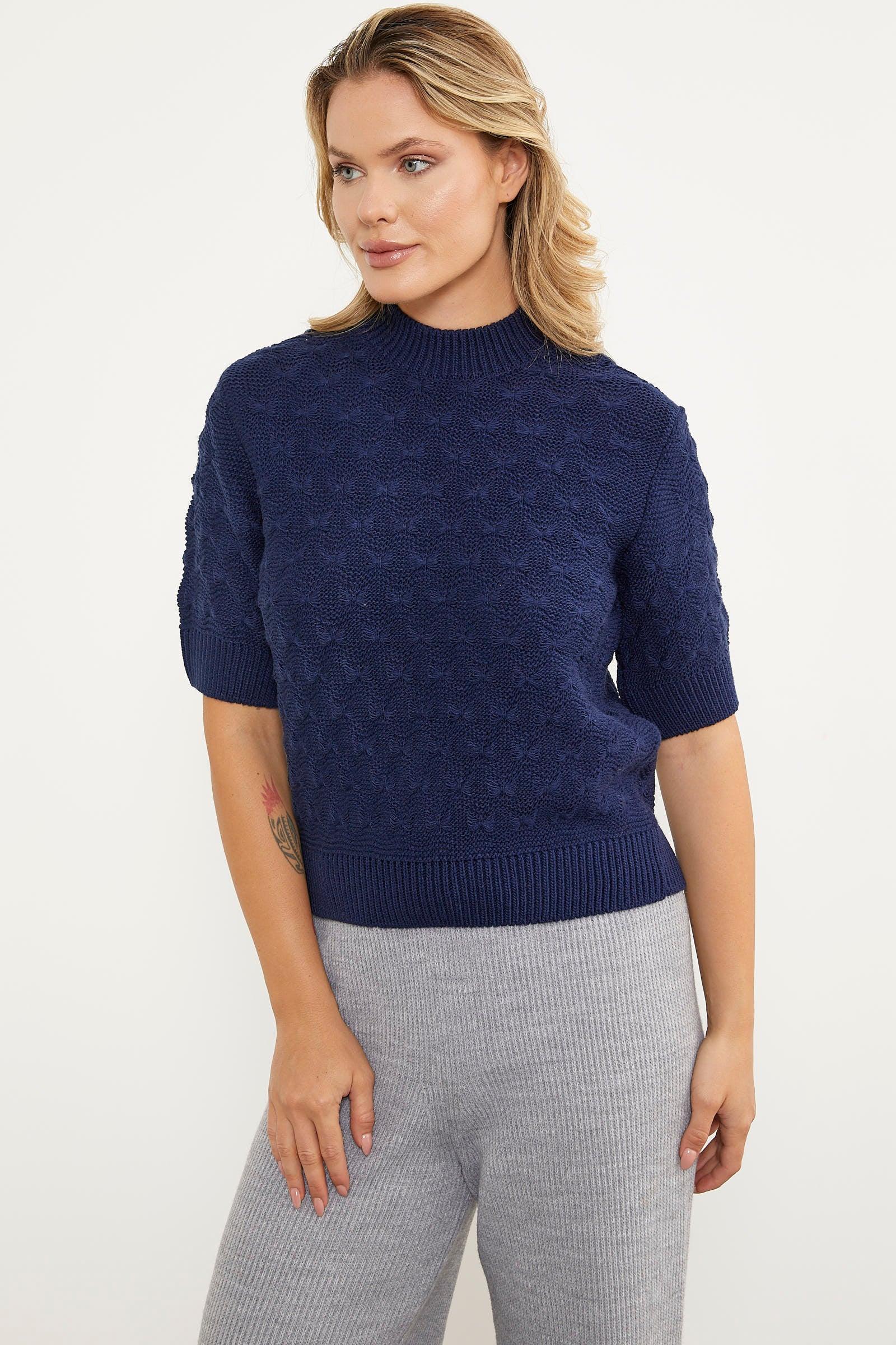 Fiyonk Desenli Kısa Kol Triko Süveter - Lacivert (2) Sementa