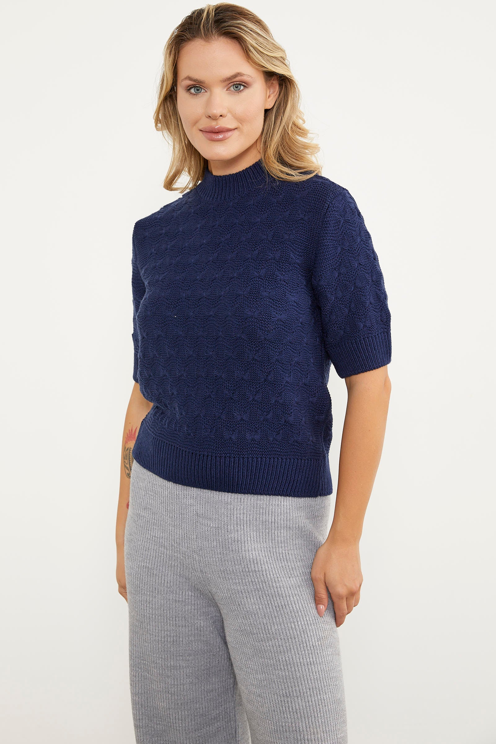 Fiyonk Desenli Kısa Kol Triko Süveter - Lacivert (3) Sementa