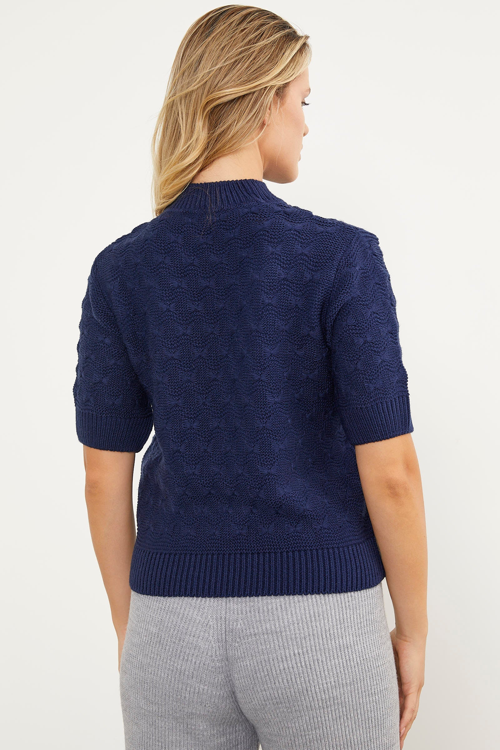 Fiyonk Desenli Kısa Kol Triko Süveter - Lacivert (5) Sementa