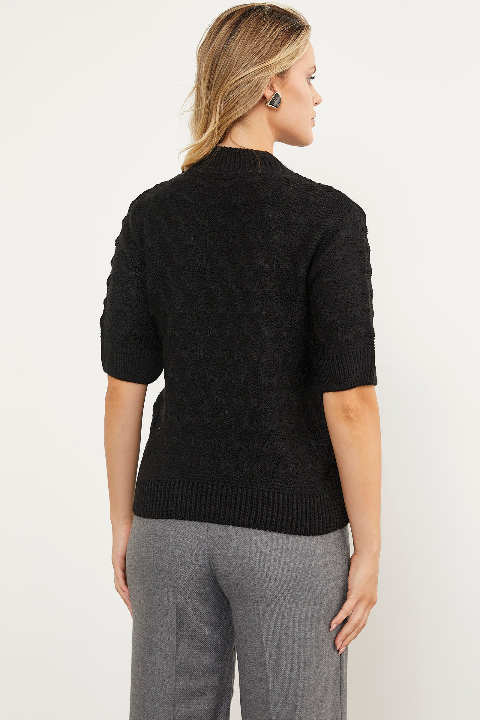 Fiyonk Desenli Kısa Kol Triko Süveter - Siyah (5) Sementa