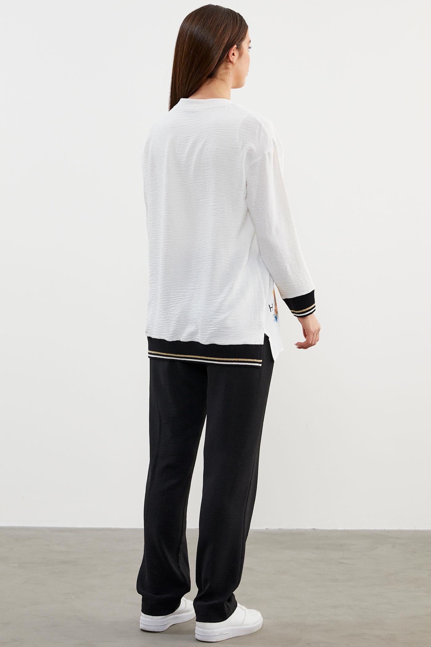 Geniş Beden Baskı Detaylı Krep Takım - Siyah (6) Sementa