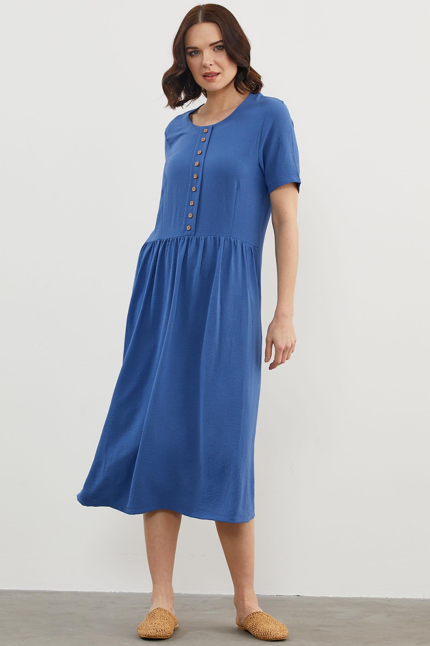 Geniş Beden Belden Büzgülü Krep Elbise - Saks (2) Sementa