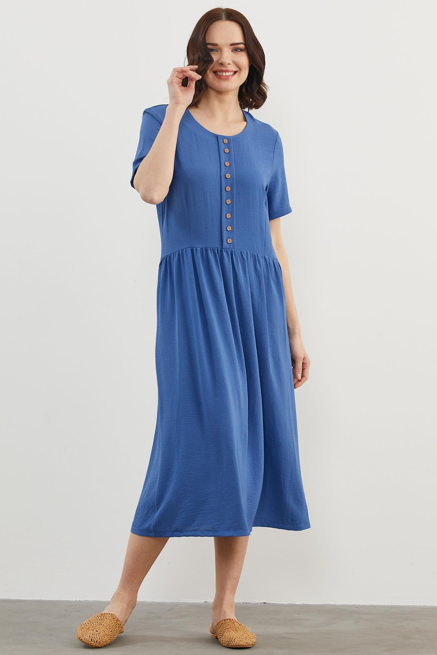 Geniş Beden Belden Büzgülü Krep Elbise - Saks (3) Sementa