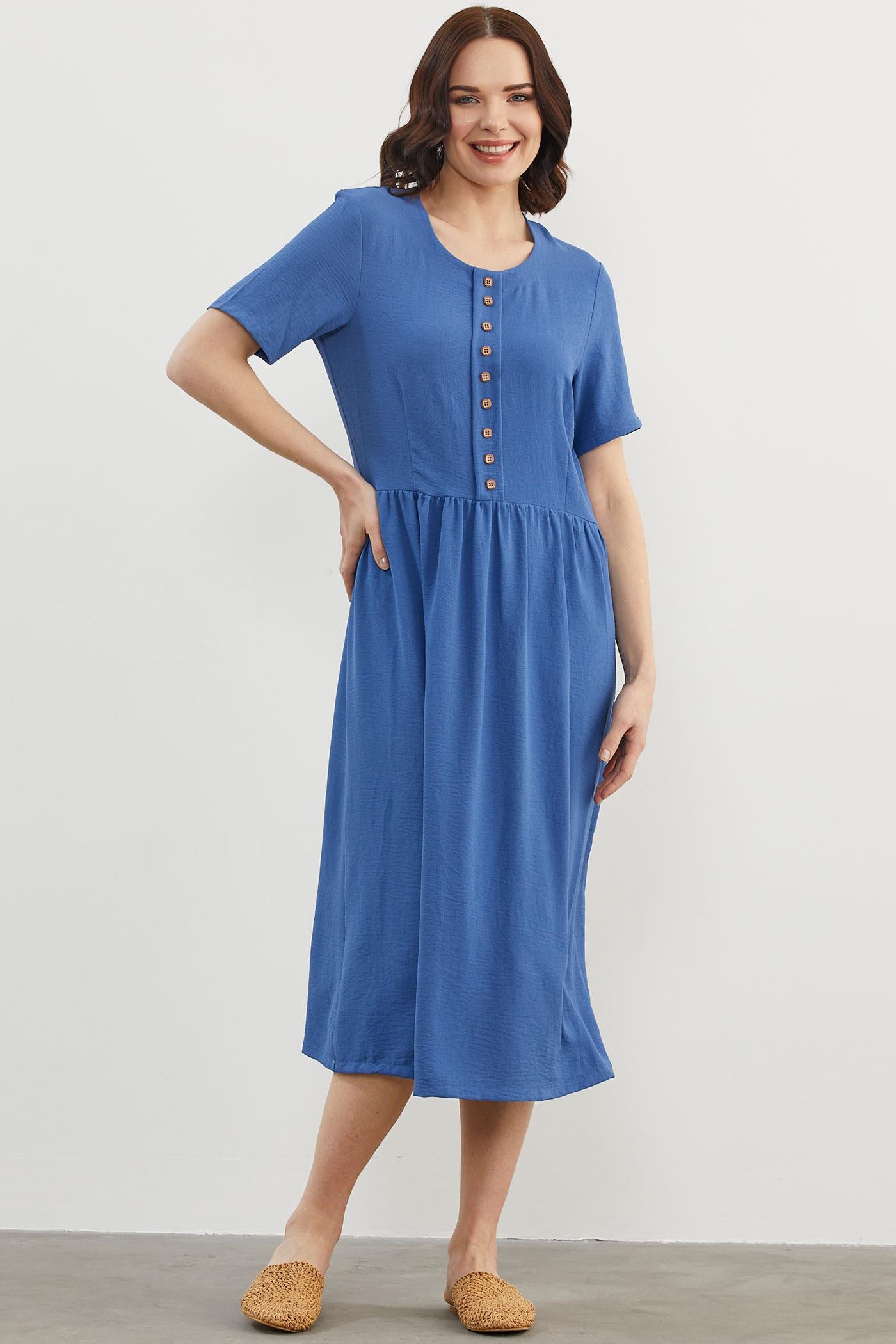 Geniş Beden Belden Büzgülü Krep Elbise - Saks (4) Sementa