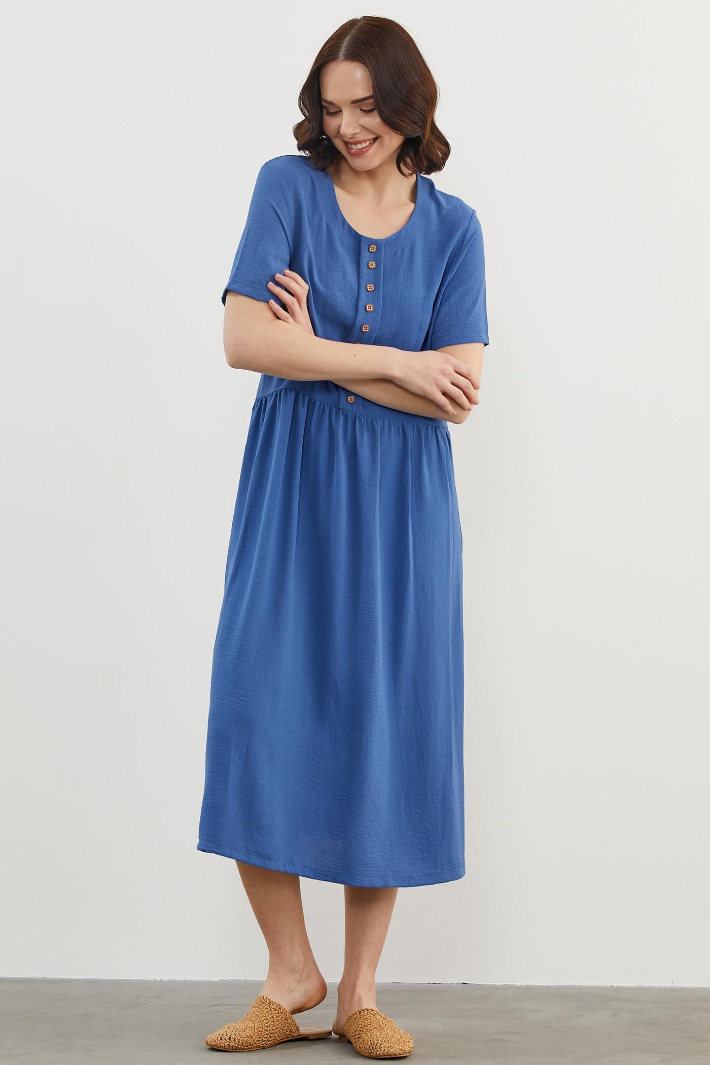 Geniş Beden Belden Büzgülü Krep Elbise - Saks (5) Sementa