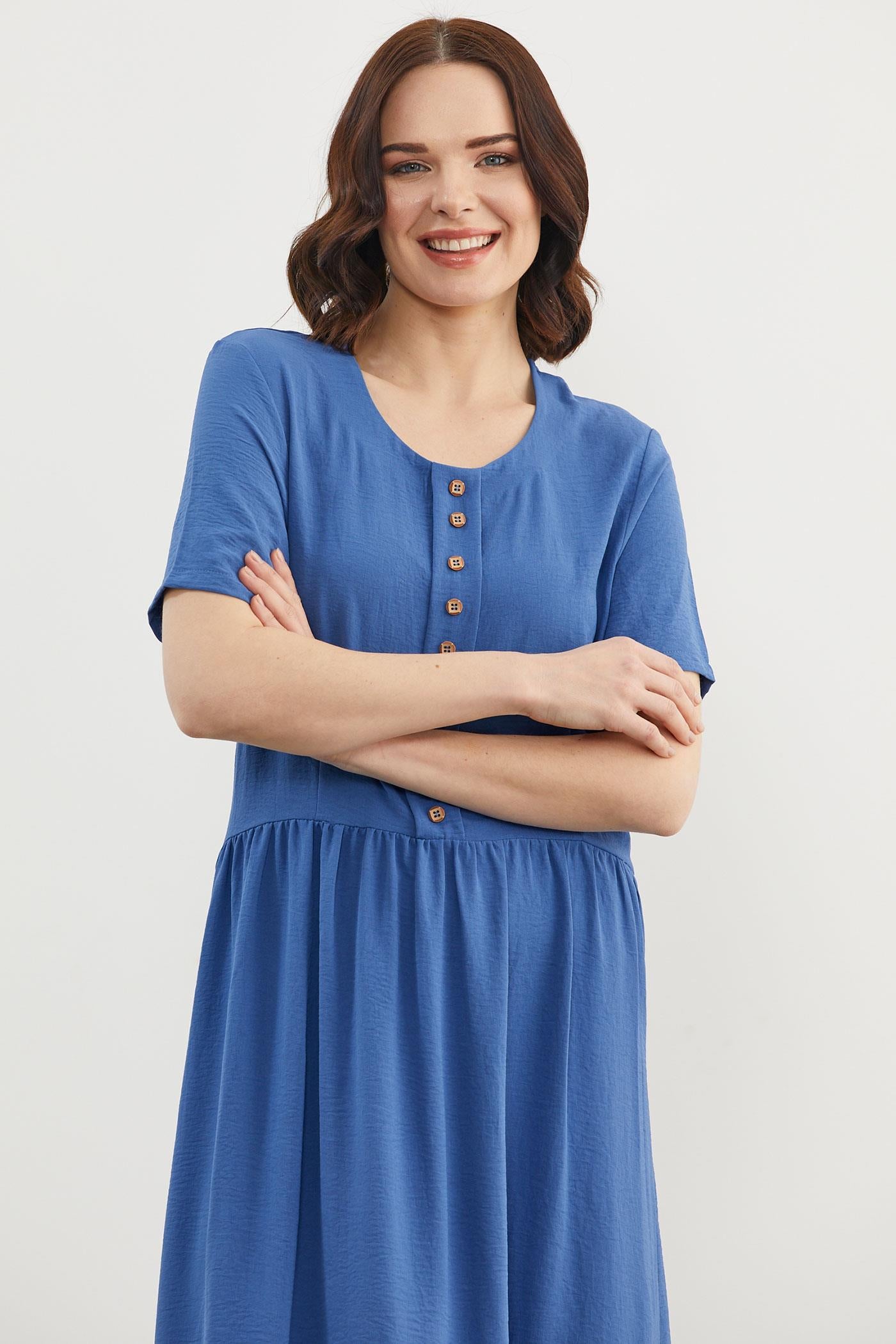 Geniş Beden Belden Büzgülü Krep Elbise - Saks (6) Sementa