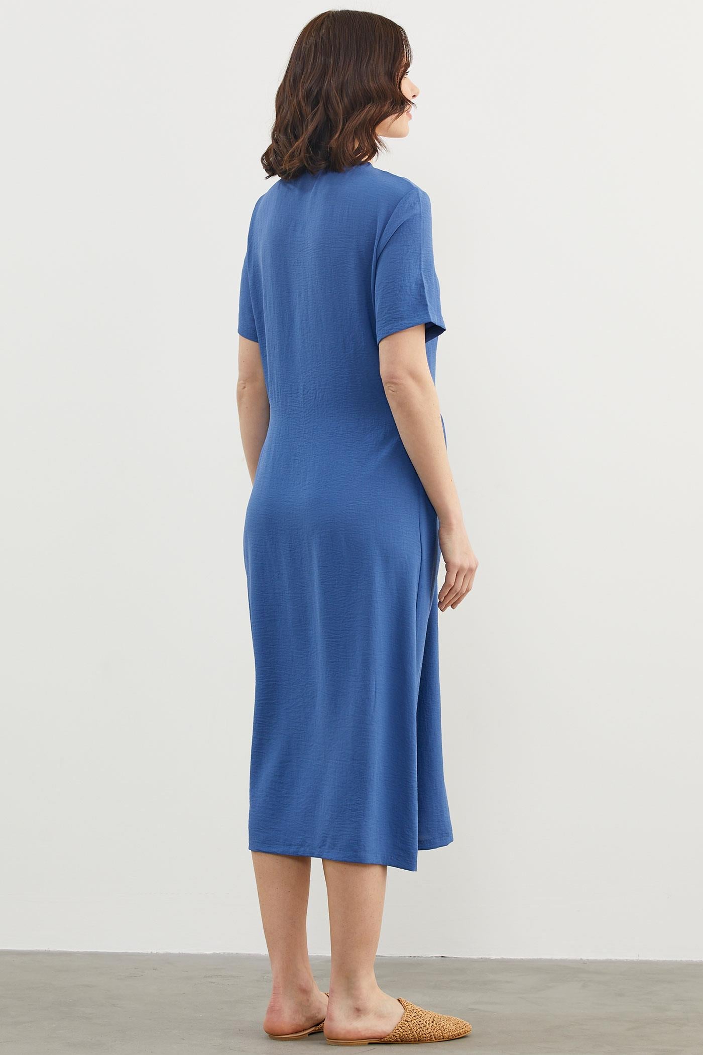 Geniş Beden Belden Büzgülü Krep Elbise - Saks (7) Sementa