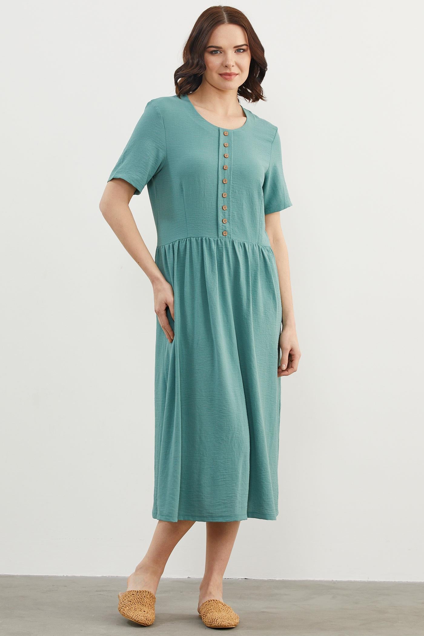 Geniş Beden Belden Büzgülü Krep Elbise - Yeşil (4) Sementa