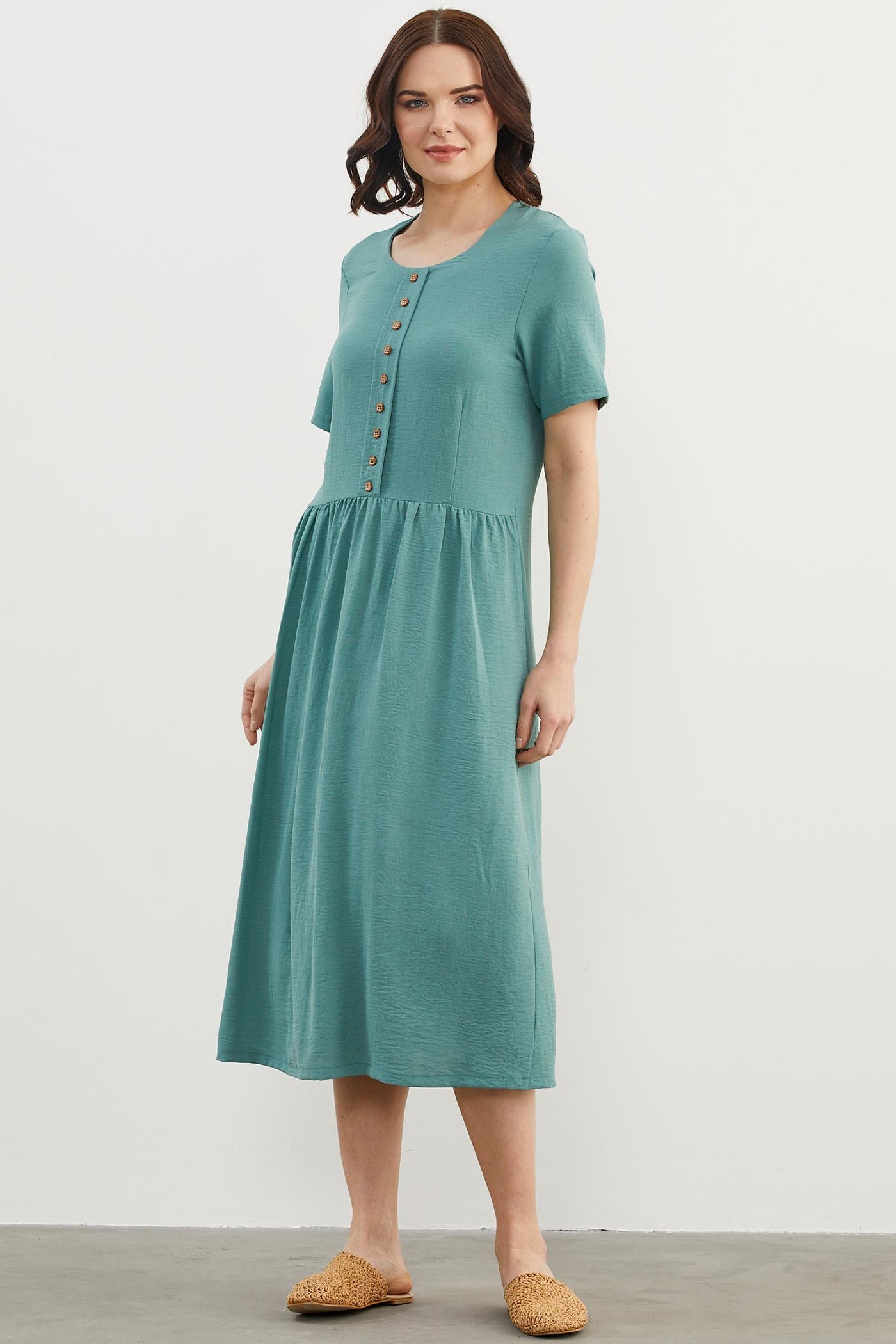 Geniş Beden Belden Büzgülü Krep Elbise - Yeşil (5) Sementa