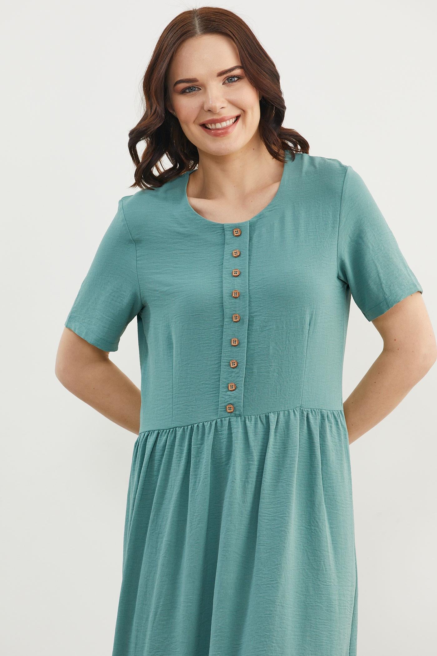 Geniş Beden Belden Büzgülü Krep Elbise - Yeşil (6) Sementa