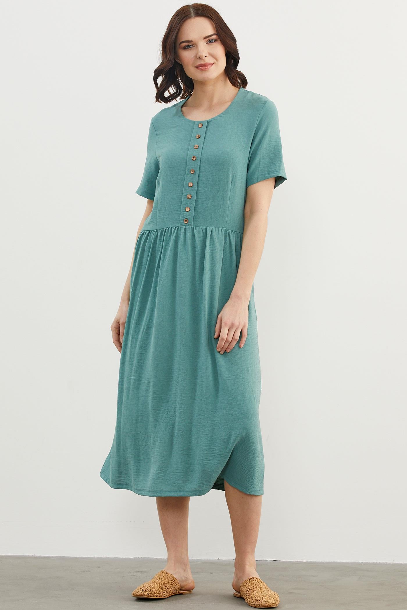 Geniş Beden Belden Büzgülü Krep Elbise - Yeşil (7) Sementa