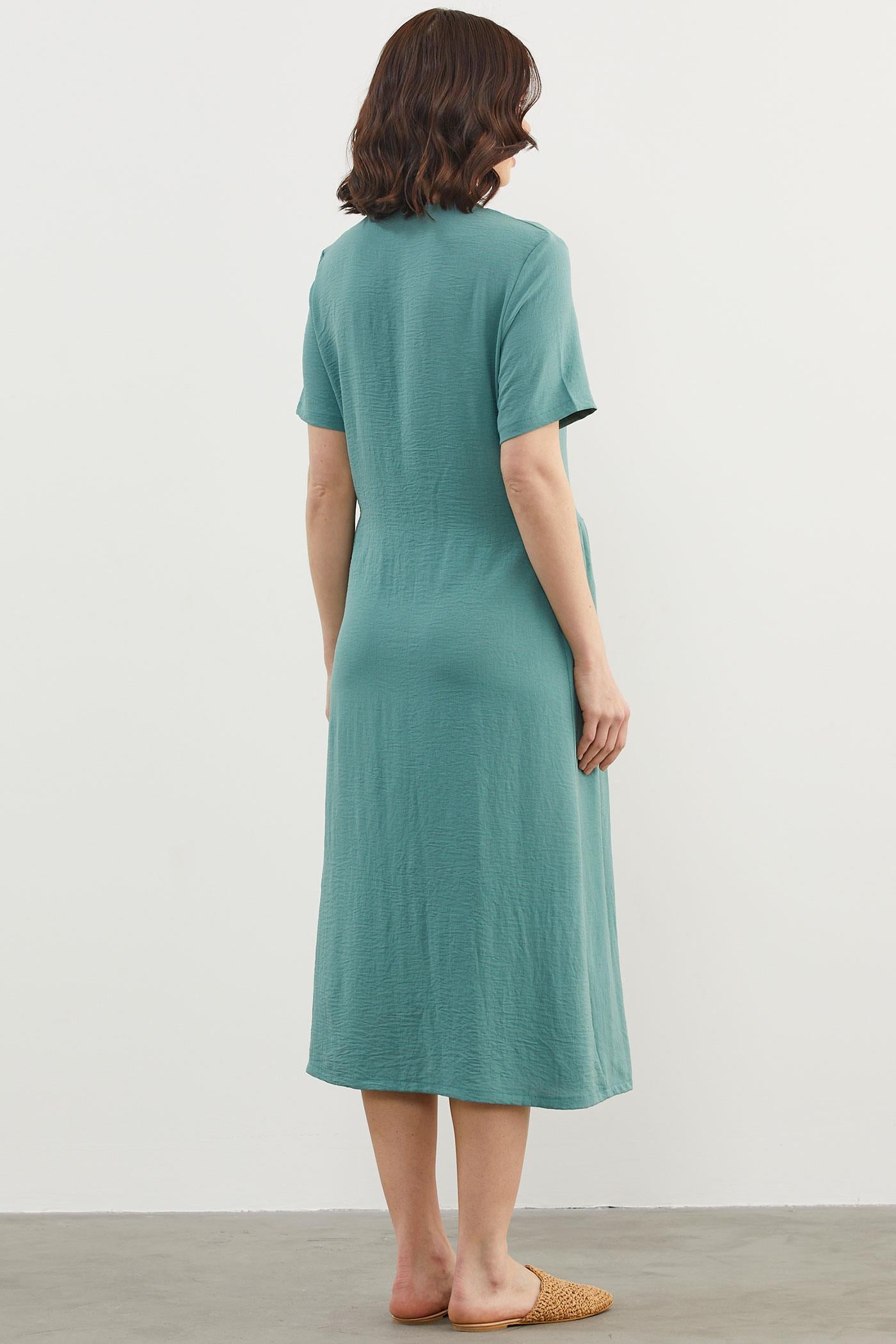 Geniş Beden Belden Büzgülü Krep Elbise - Yeşil (8) Sementa