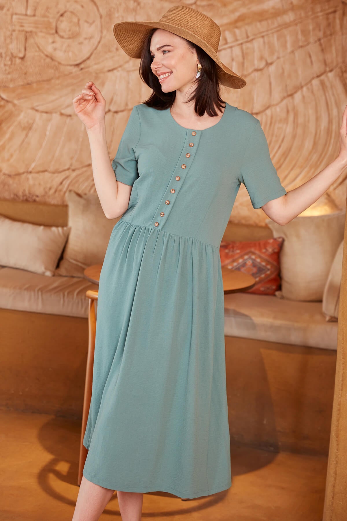 Geniş Beden Belden Büzgülü Krep Elbise - Yeşil (3) Sementa