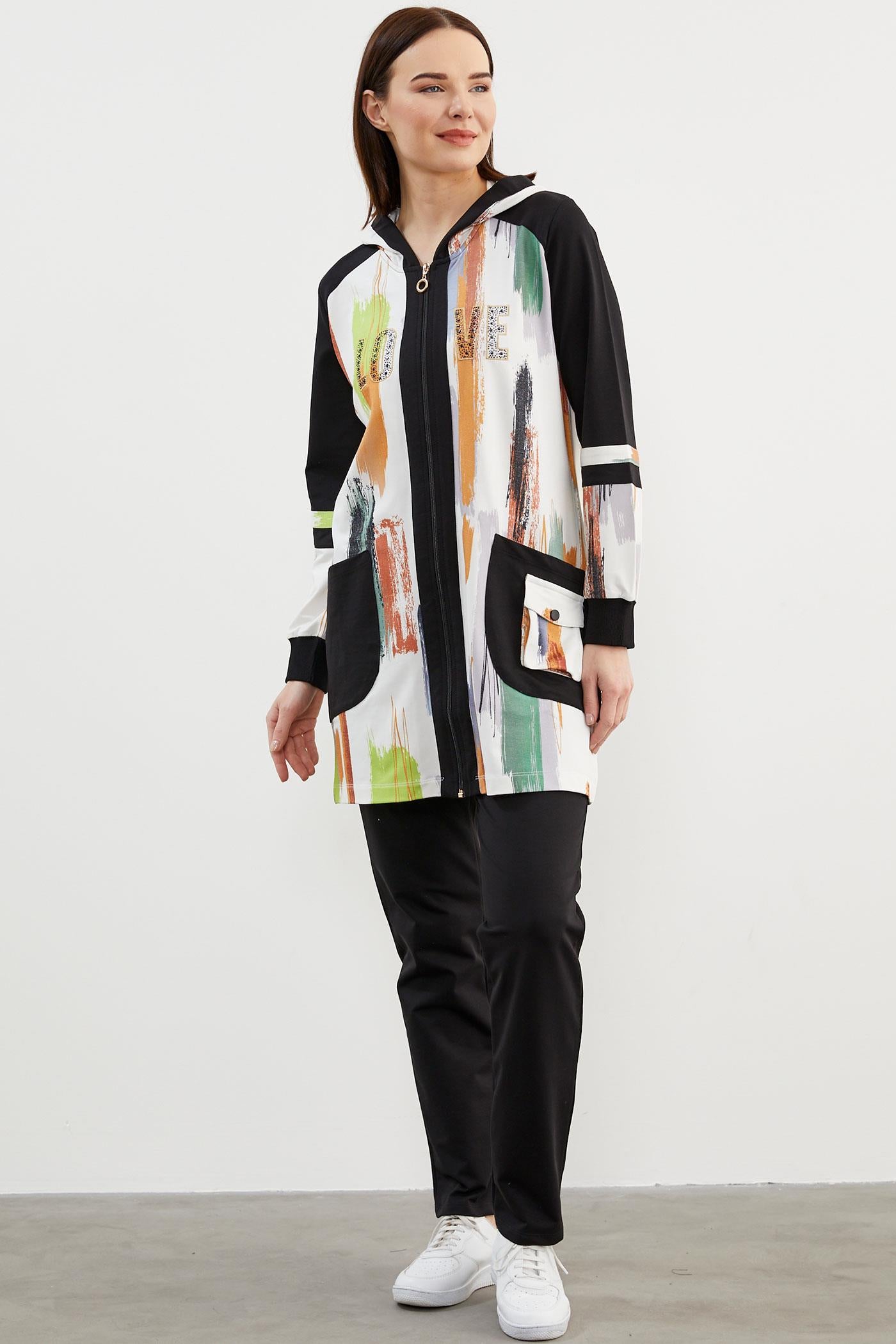 Geniş Beden Kapüşonlu Renkli Takım - Siyah (1) Sementa