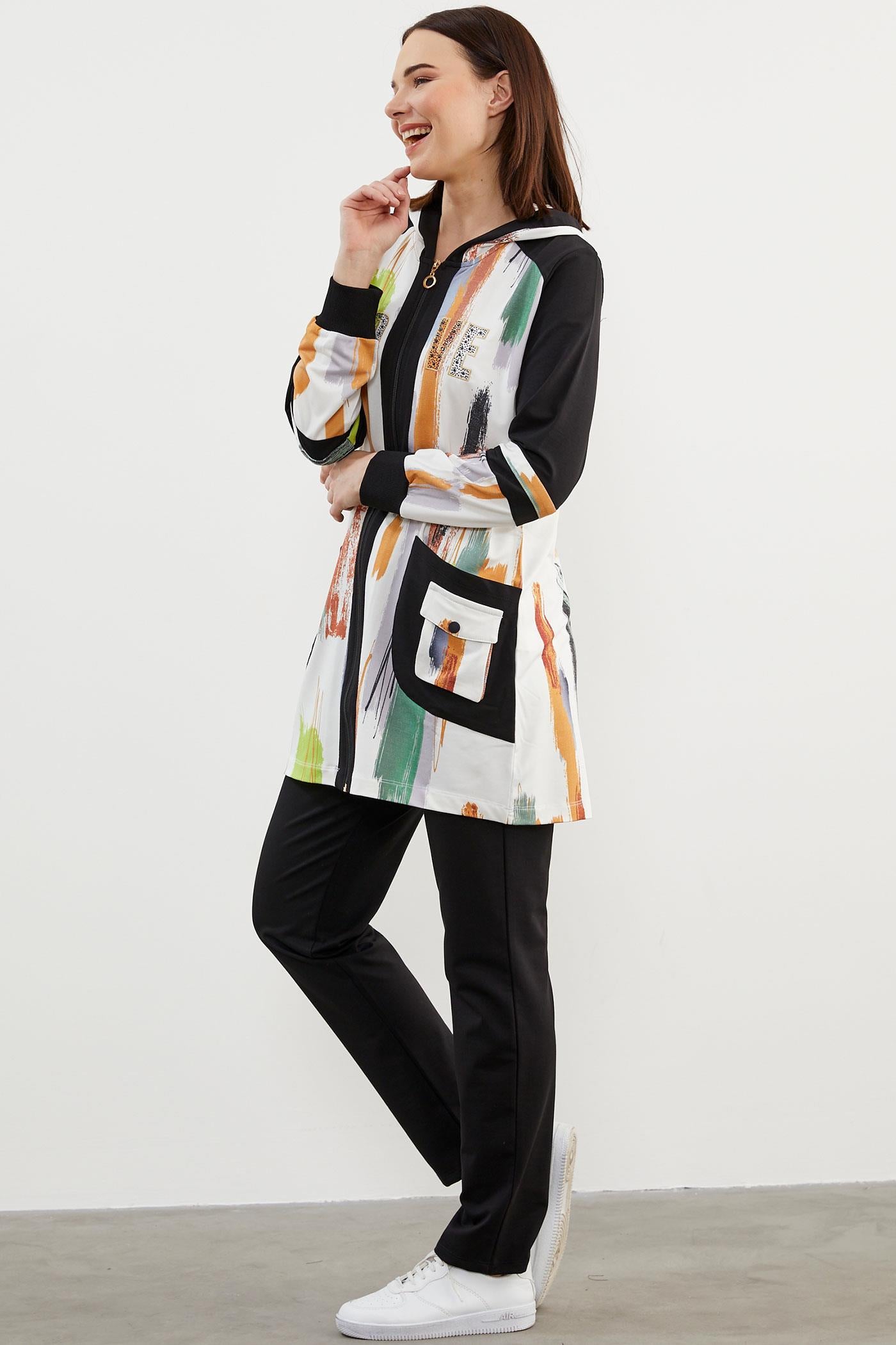 Geniş Beden Kapüşonlu Renkli Takım - Siyah (2) Sementa