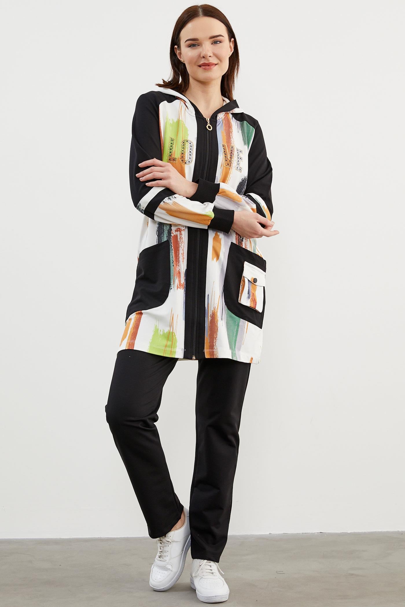 Geniş Beden Kapüşonlu Renkli Takım - Siyah (4) Sementa