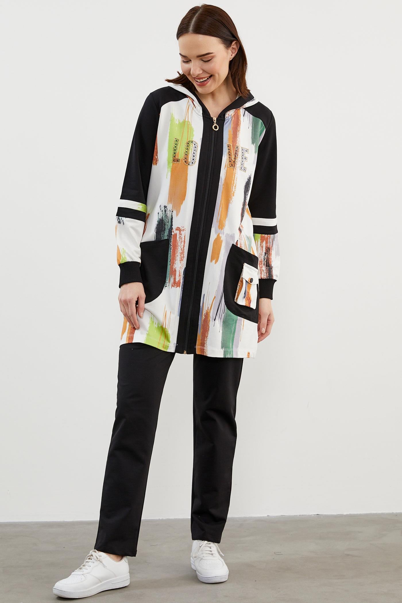 Geniş Beden Kapüşonlu Renkli Takım - Siyah (3) Sementa