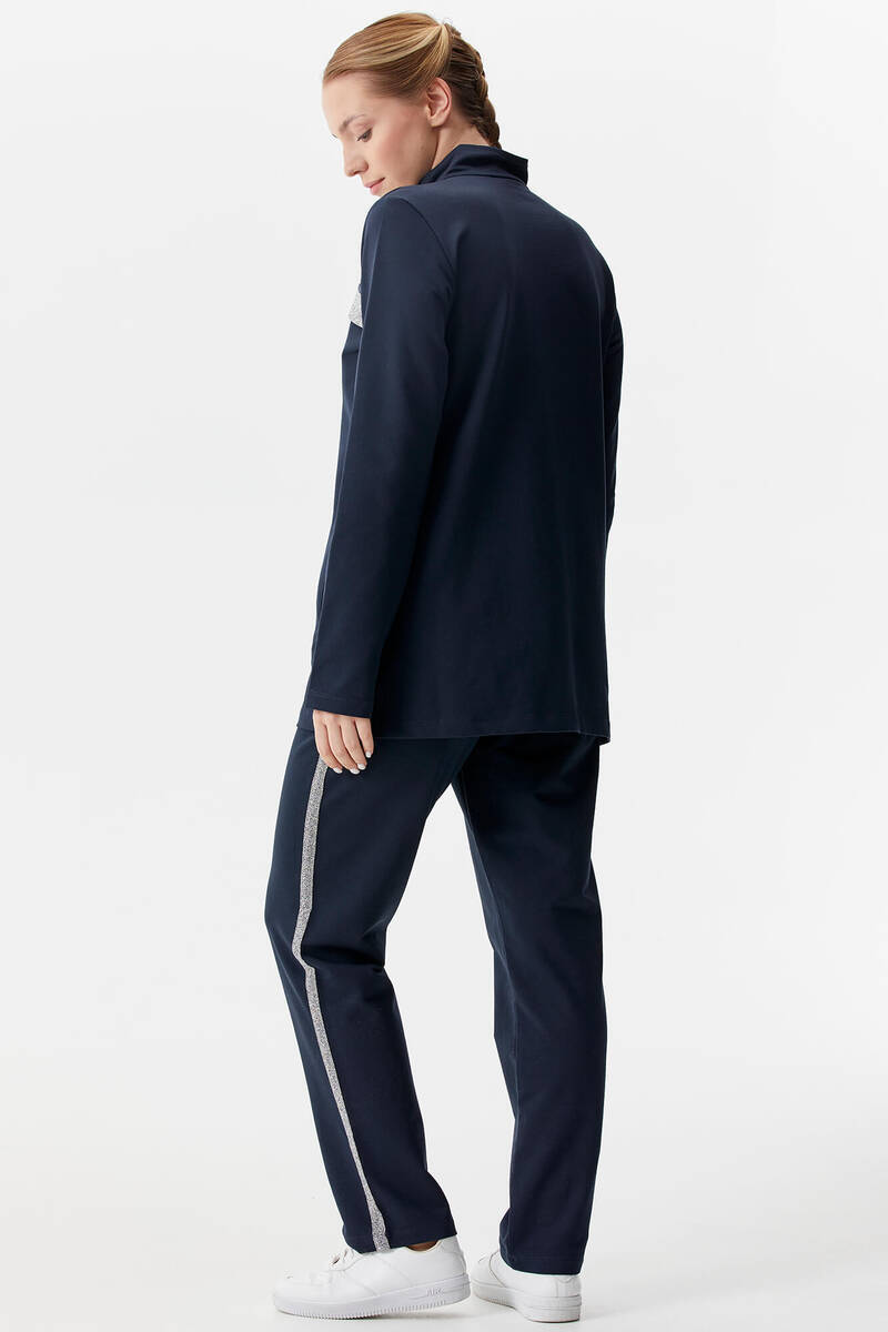 Geniş Kalıp Dik Yaka Taş Detaylı Eşofman Takım - Lacivert (6) Sementa