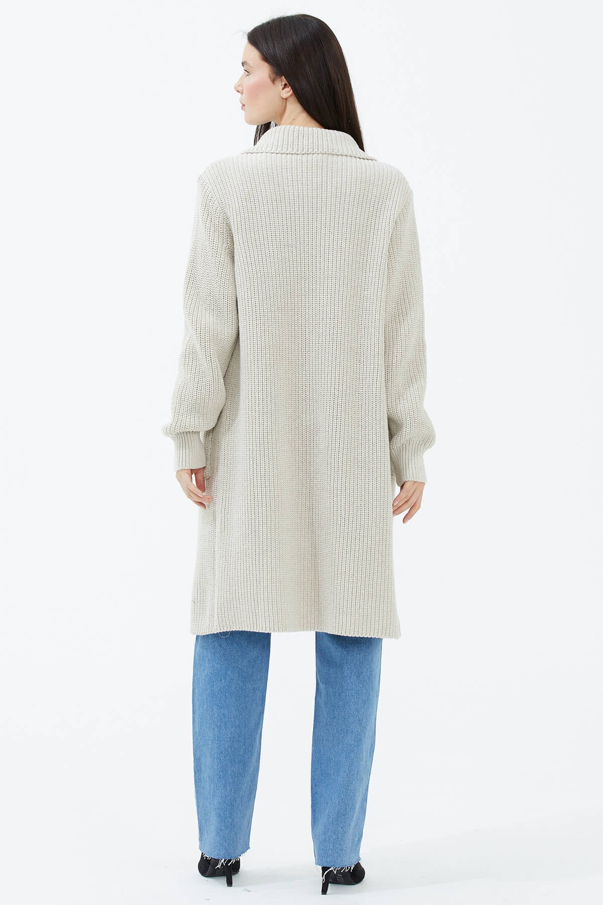 Geniş Yaka Salaş Triko Uzun Hırka - Açık Bej (3) Sementa