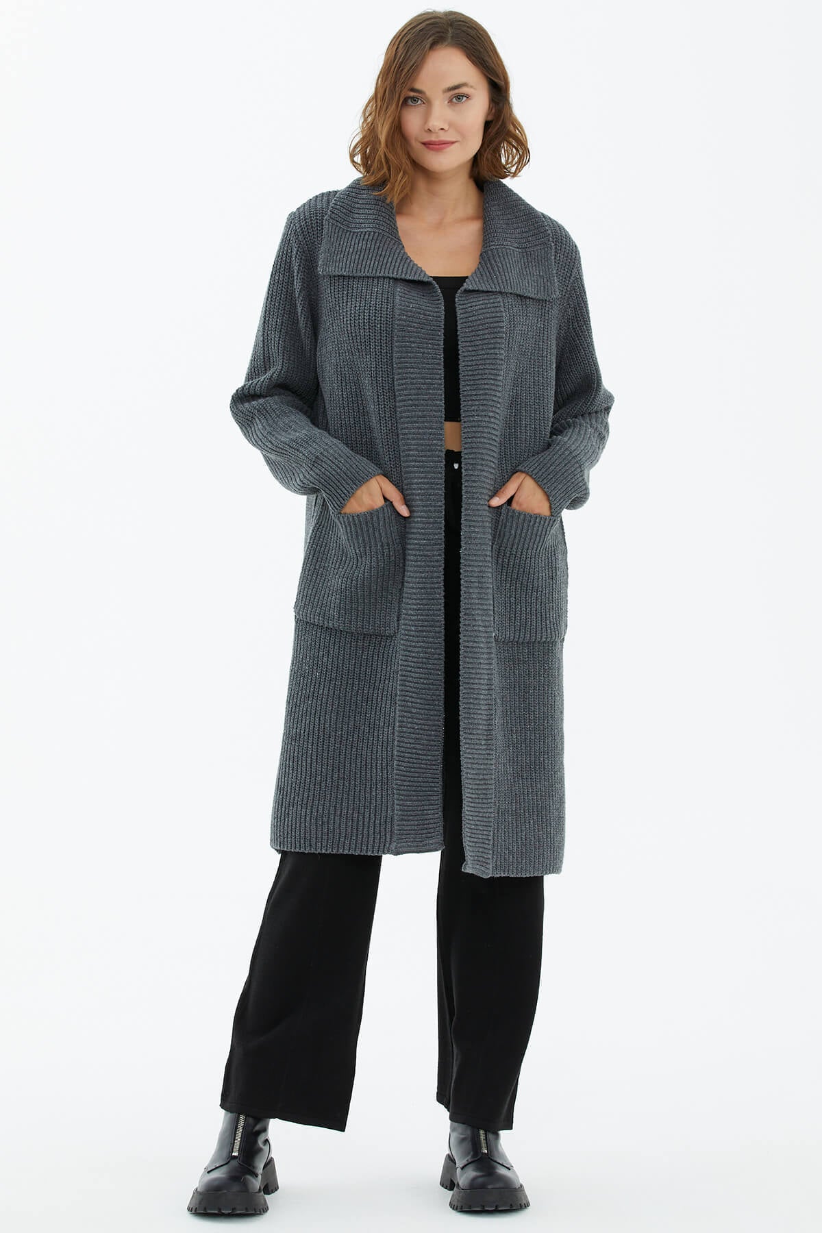 Geniş Yaka Salaş Triko Uzun Hırka - Koyu Gri (3) Sementa