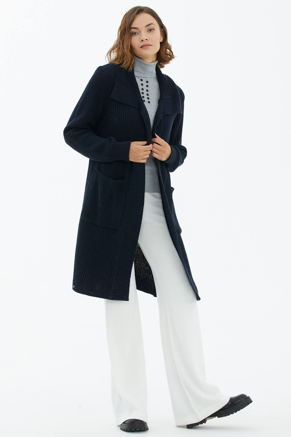 Geniş Yaka Salaş Triko Uzun Hırka - Lacivert (3) Sementa