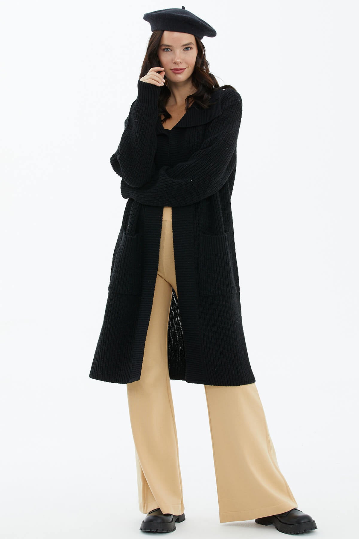 Geniş Yaka Salaş Triko Uzun Hırka - Siyah (3) Sementa