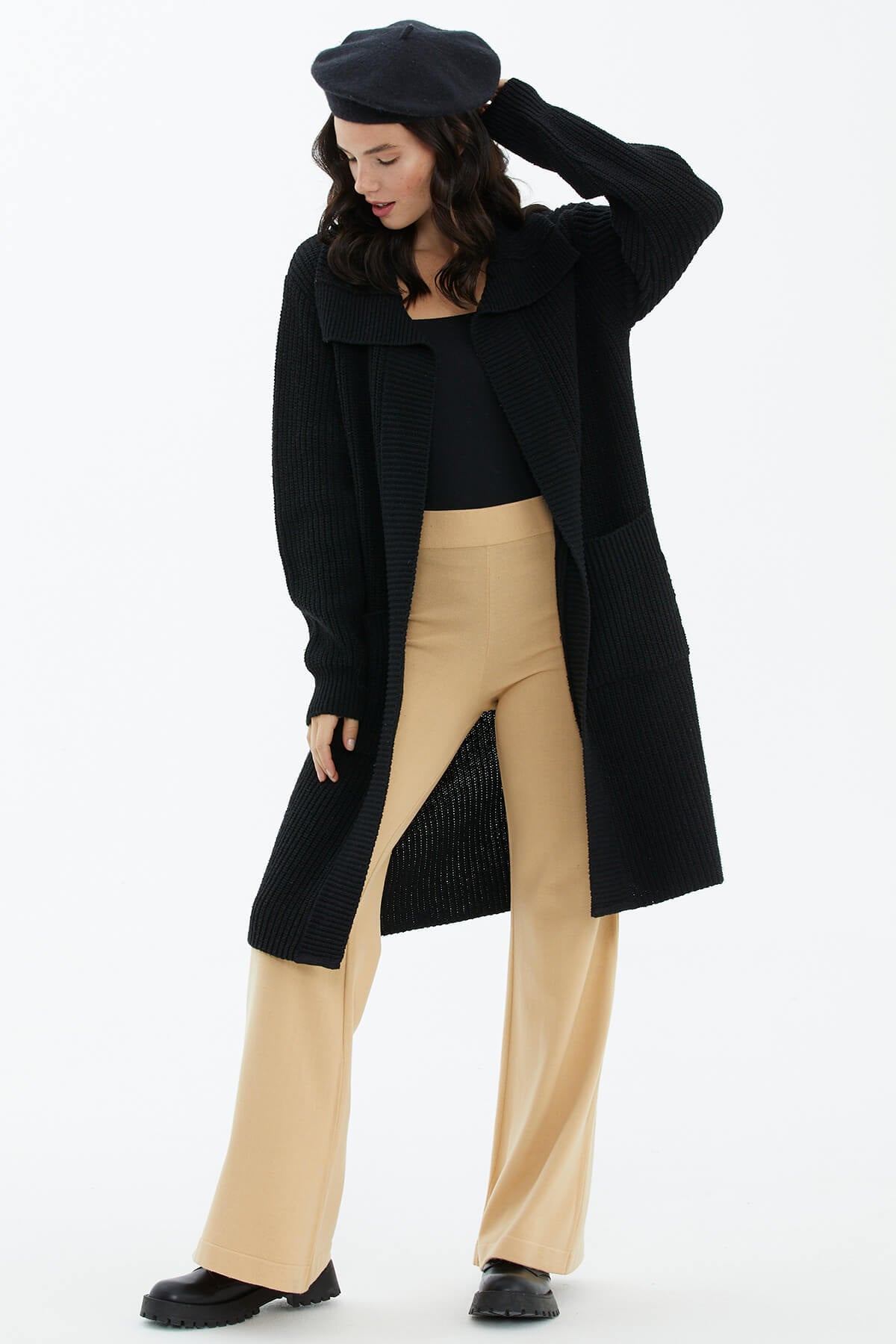 Geniş Yaka Salaş Triko Uzun Hırka - Siyah (4) Sementa