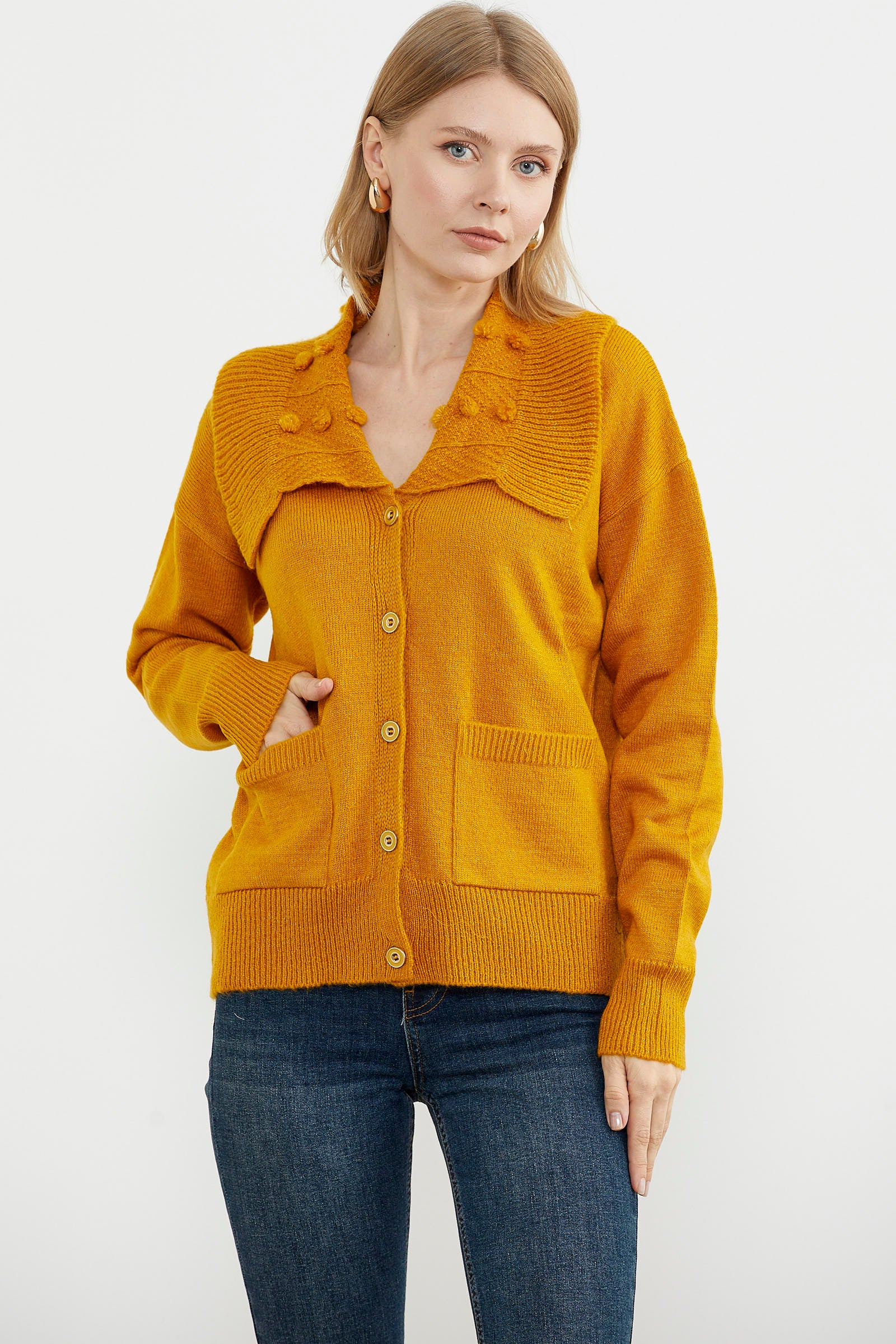 Geniş Yakalı Cepli Triko Hırka - Kayısı (2) Sementa