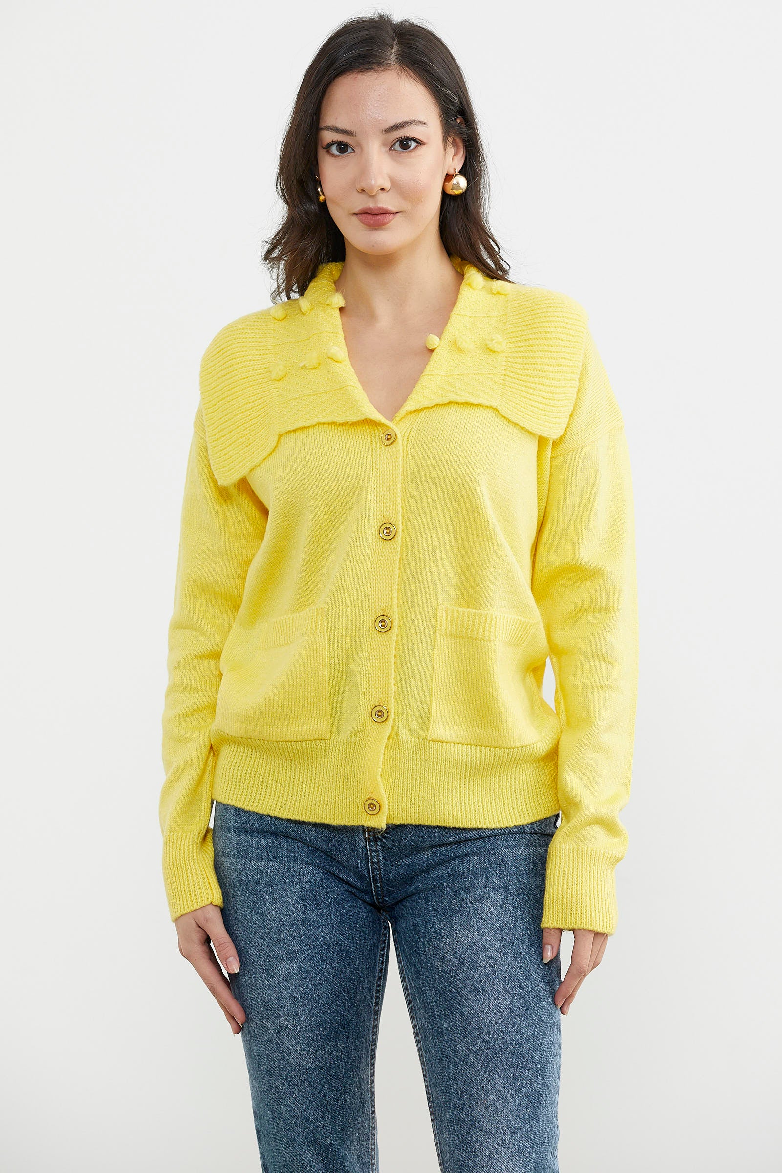 Geniş Yakalı Cepli Triko Hırka - Sarı (1) Sementa