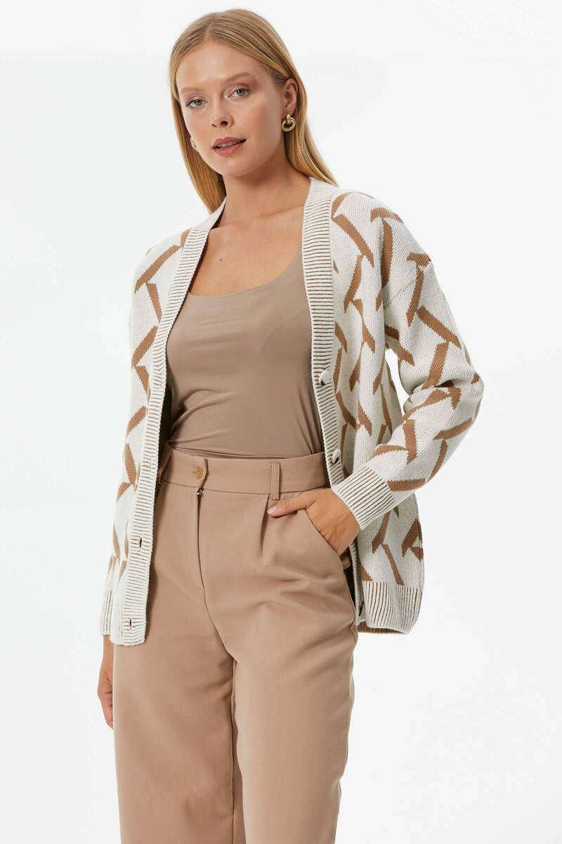 Geometrik Desenli Triko Hırka - Kemik - Kamel (3) Sementa