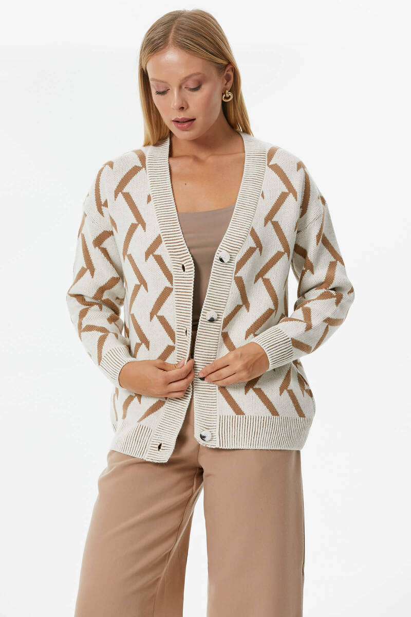 Geometrik Desenli Triko Hırka - Kemik - Kamel (4) Sementa