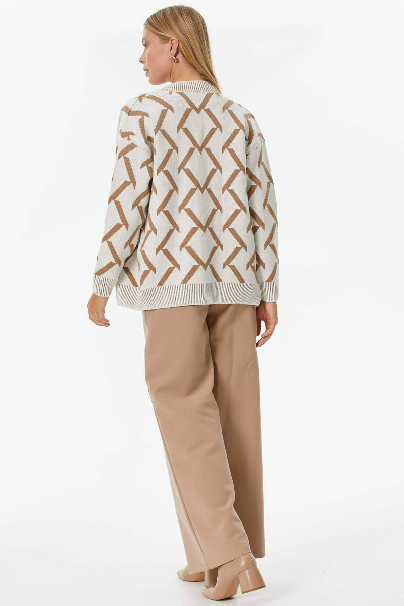 Geometrik Desenli Triko Hırka - Kemik - Kamel (5) Sementa