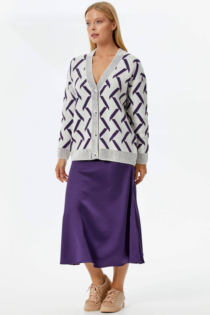 Geometrik Desenli Triko Hırka - Kemik- Mor (3) Sementa