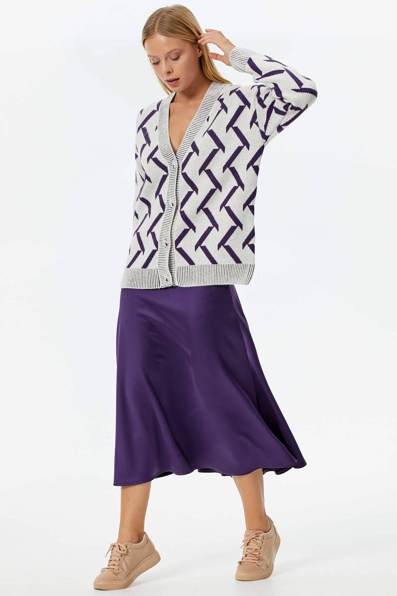 Geometrik Desenli Triko Hırka - Kemik- Mor (4) Sementa