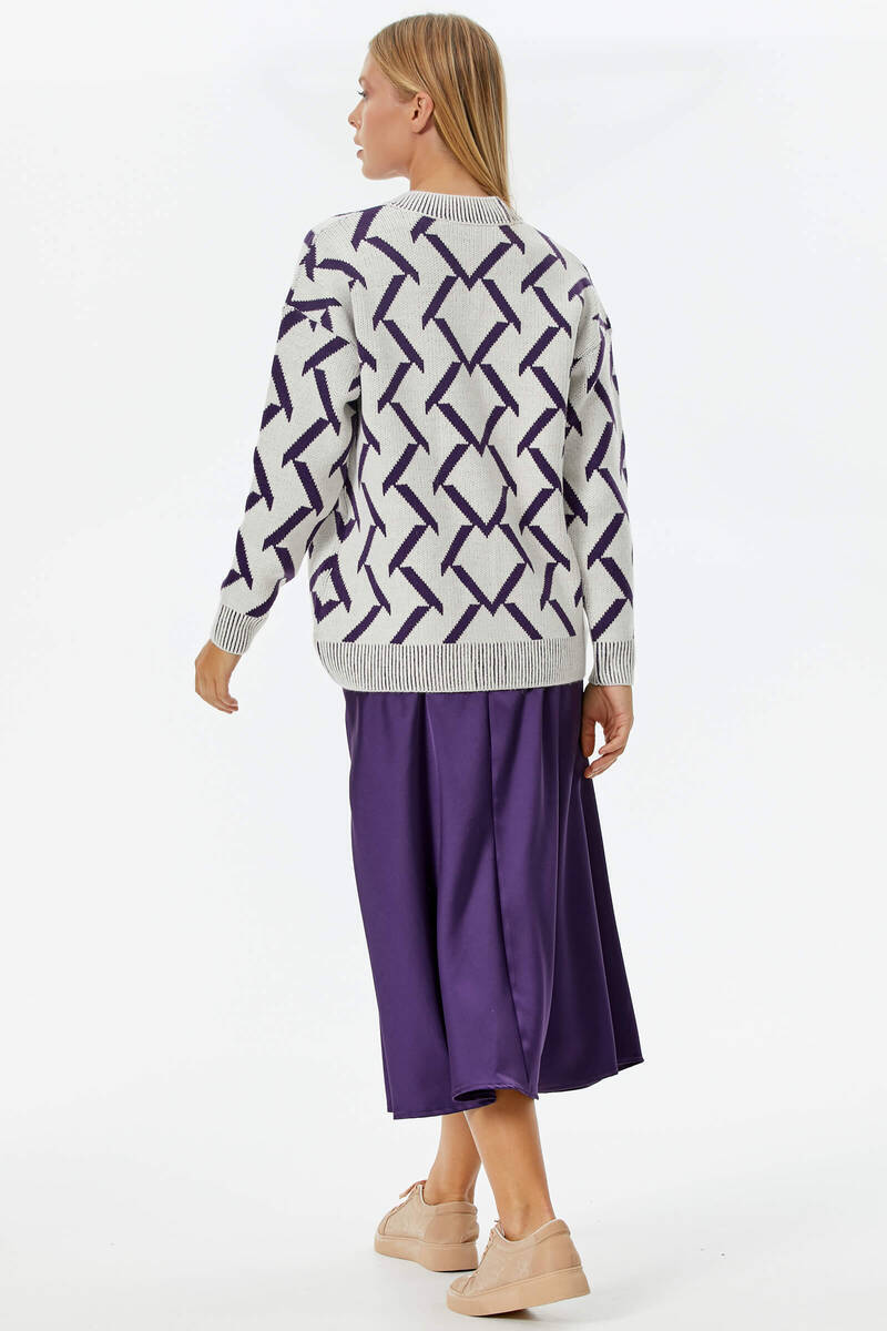 Geometrik Desenli Triko Hırka - Kemik- Mor (5) Sementa
